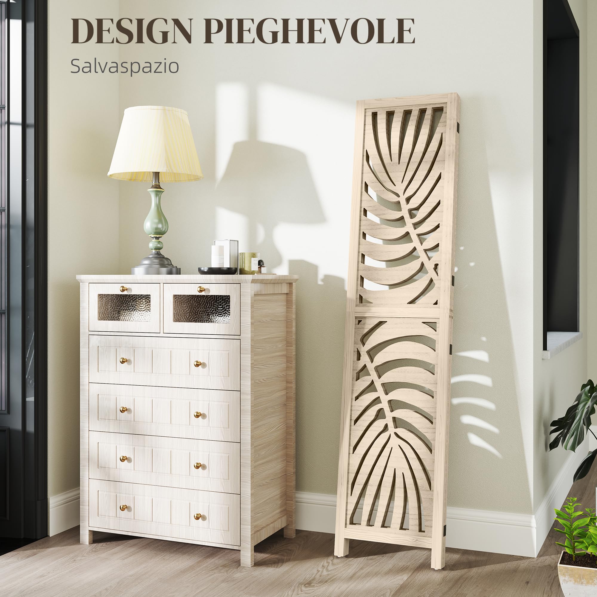 HOMCOM Biombo de 3 Paneles Separador de Ambientes Plegable 120x170 cm con Estampado de Hojas de Palma Tropical Biombo Separador de Ambientes para Salón Dormitorio Oficina Natural