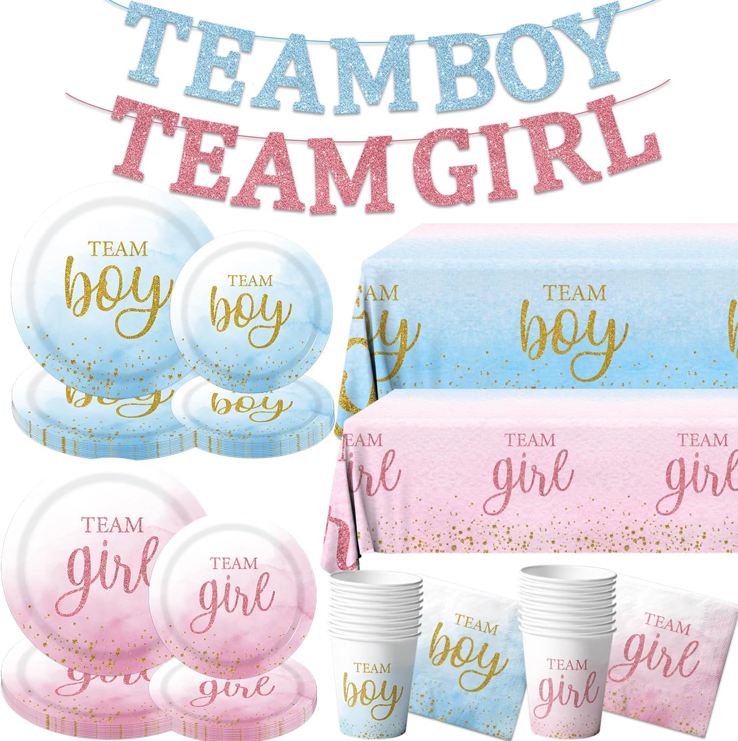 Gender Reveal Decorations, 84Pieces Team Boy Team Girl Gender Reveal Plates,Napkins,Cups,Tablecloth Gender Reveal Party Tableware for Boy Girl Birthday Party,Baby Shower Decorations