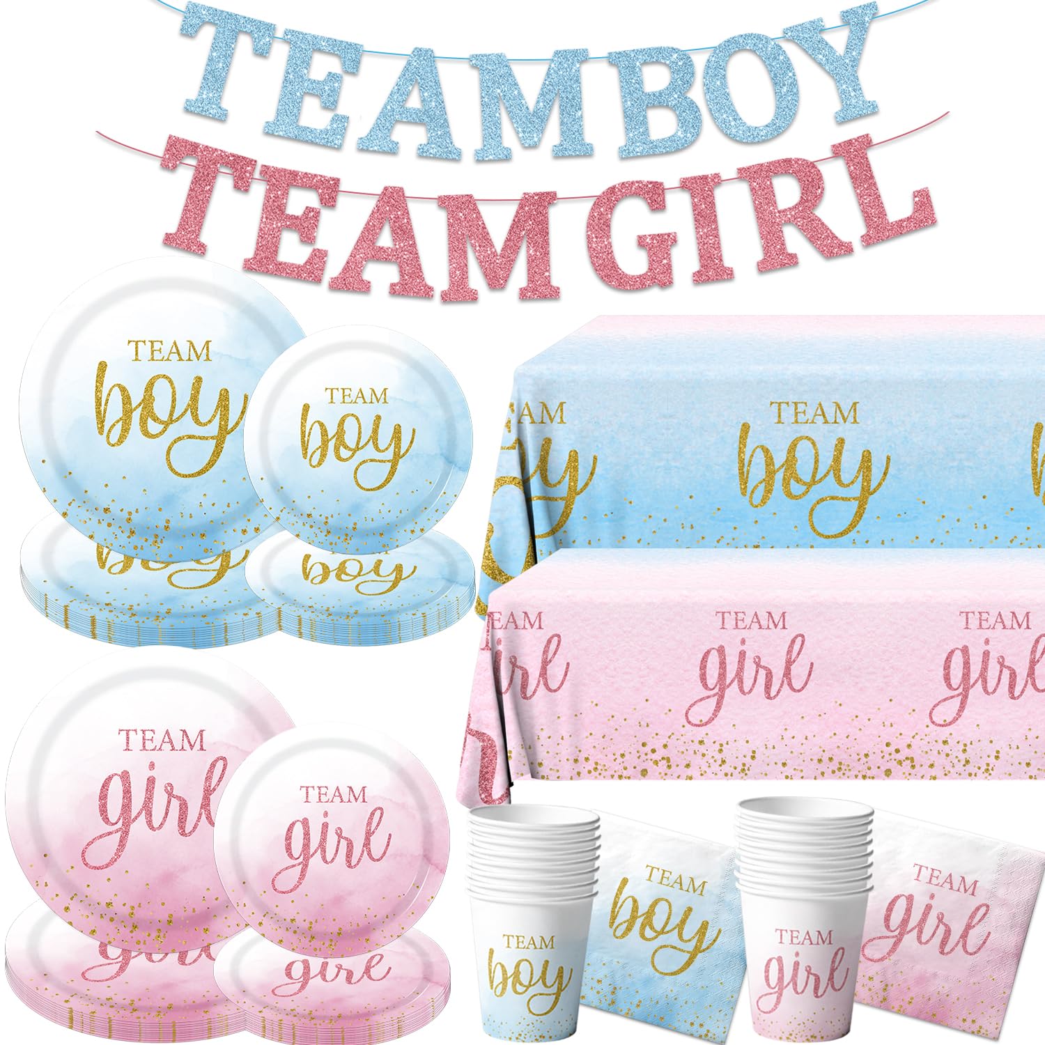 Gender Reveal Decorations, 84Pieces Team Boy Team Girl Gender Reveal Plates,Napkins,Cups,Tablecloth Gender Reveal Party Tableware for Boy Girl Birthday Party,Baby Shower Decorations
