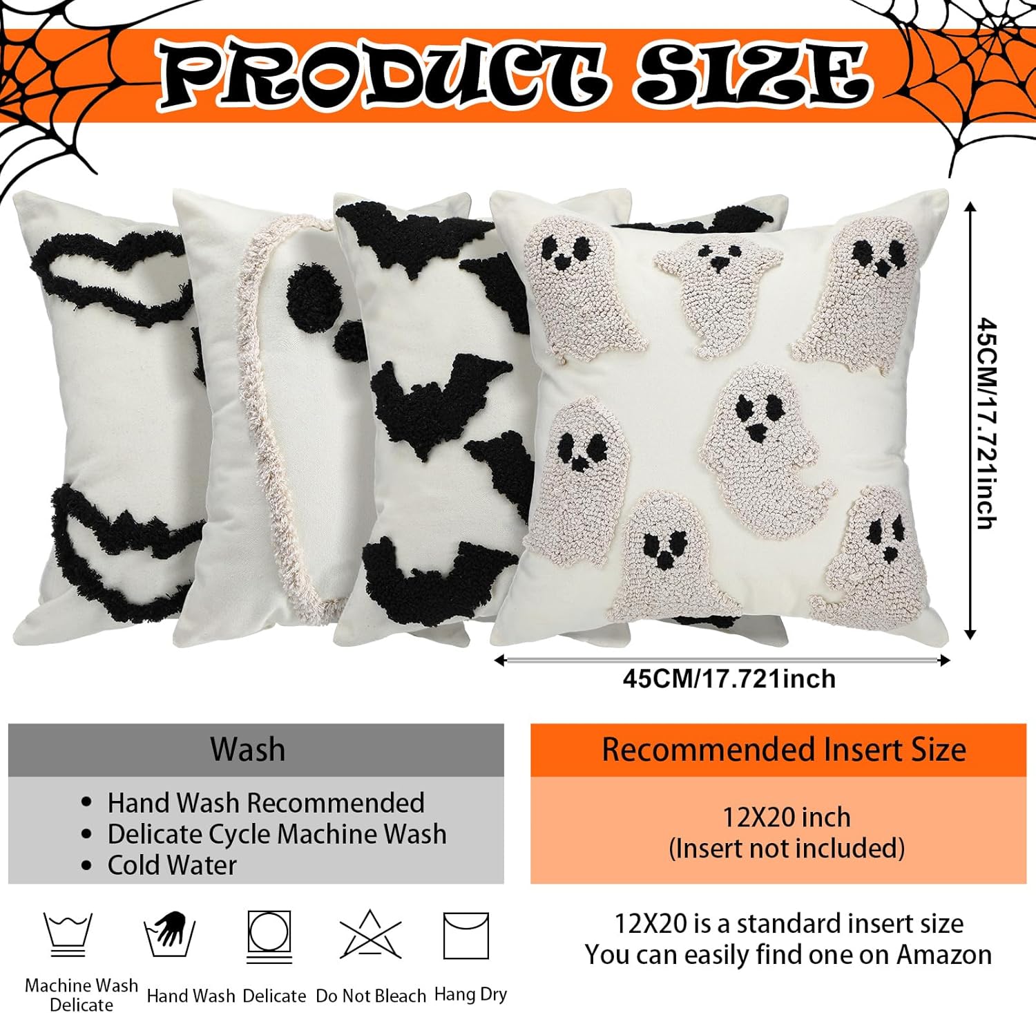 HunnmingRe 4pcs Halloween Throw Pillow Covers Set 18x18 Inch White Crochet Ghost Bat Pillowcase Embroidered Cushion Covers for Halloween Farmhouse Couch Sofa Room Decor
