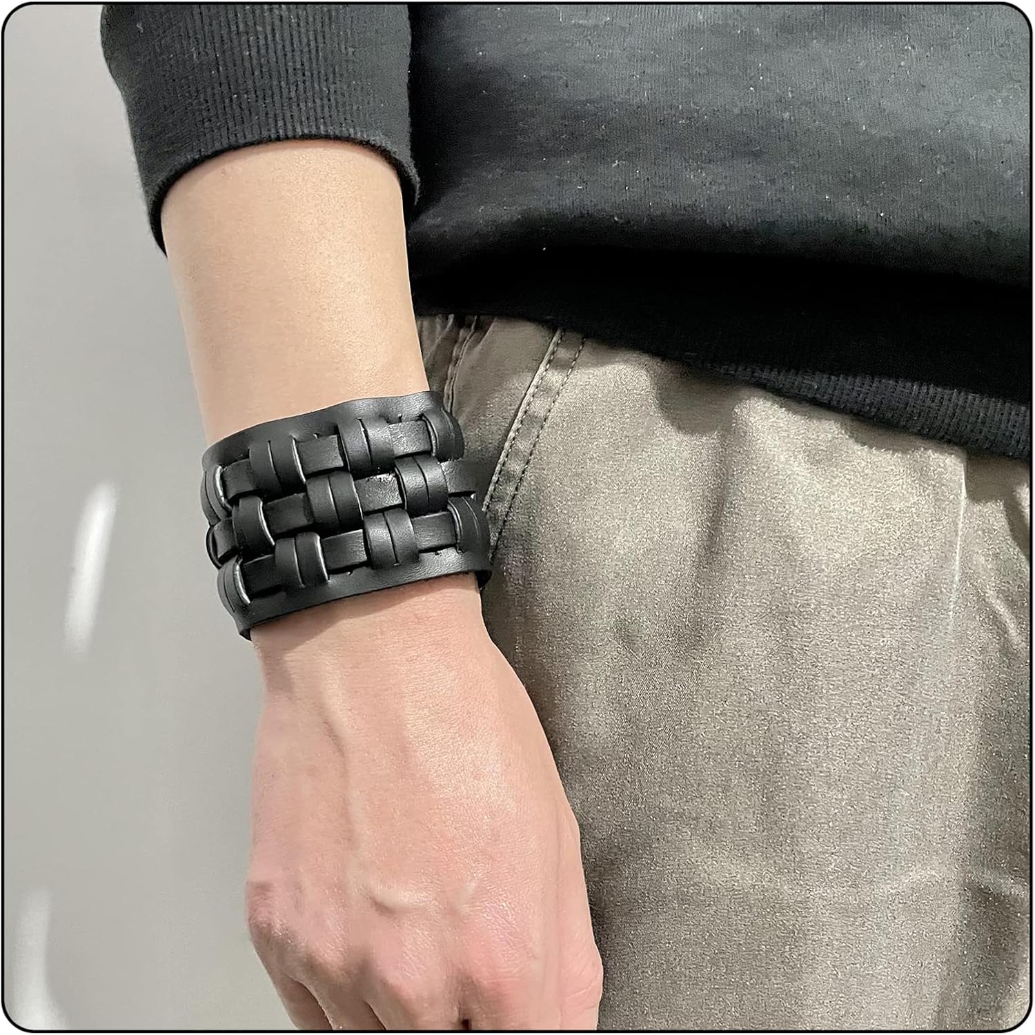 Punk Rock Snap Bracelet Braided Wide Leather Wristband Arm Cuff Bracelet - Image 2