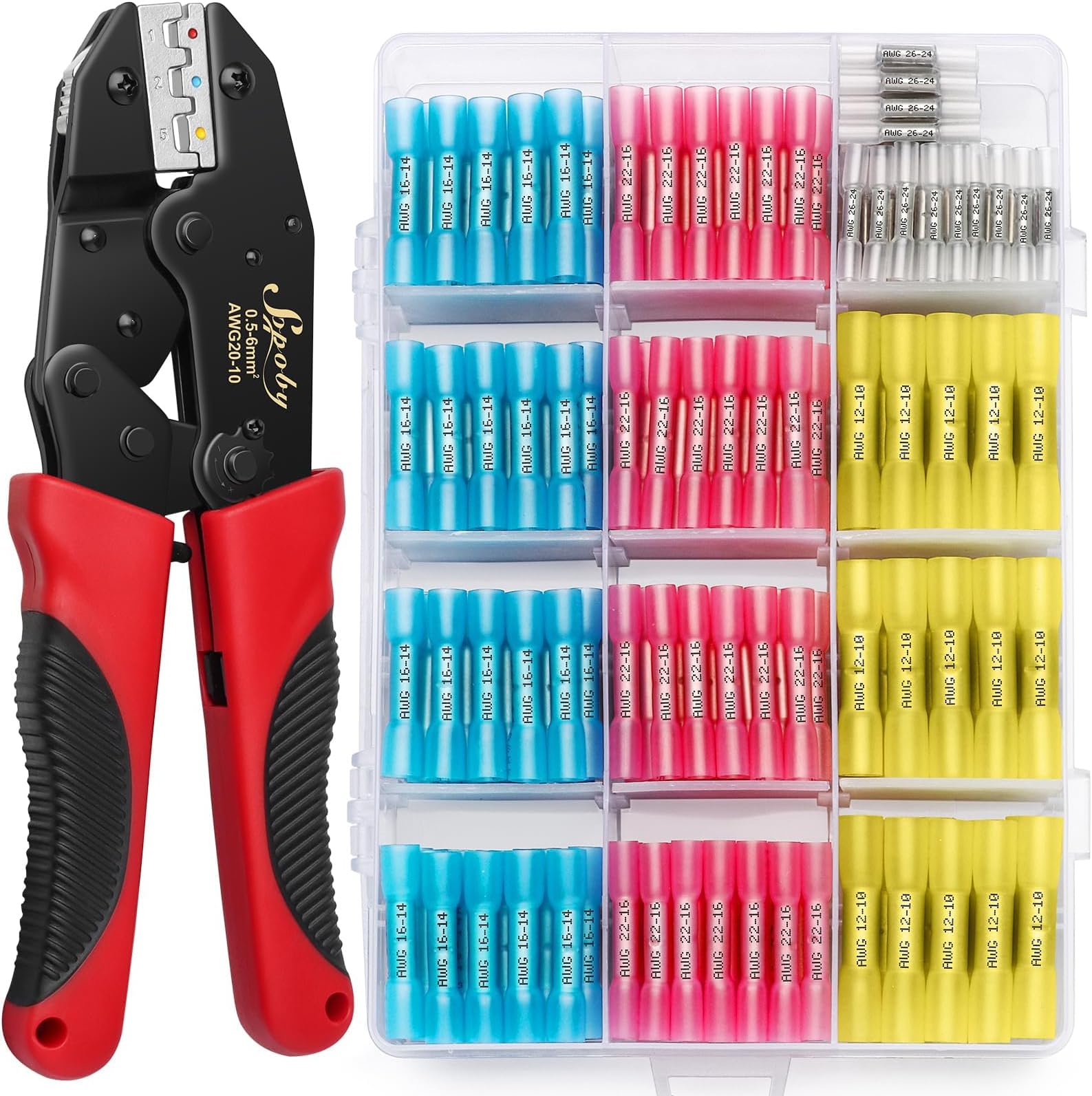 Sopoby Crimping Tool For Heat Shrink Connectors with 210PCS Marine Grade Heat Shrink Butt Connectors of Tinned Red Copper - Electrical Crimping Tool - 20-10 AWG