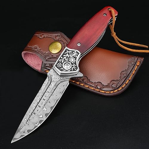 KOMWERO Cuchillo de bolsillo Damasco VG10 de acero Damasco con mango de madera cerradura de forro caja de regalo funda de cuero cuchillo EDC para