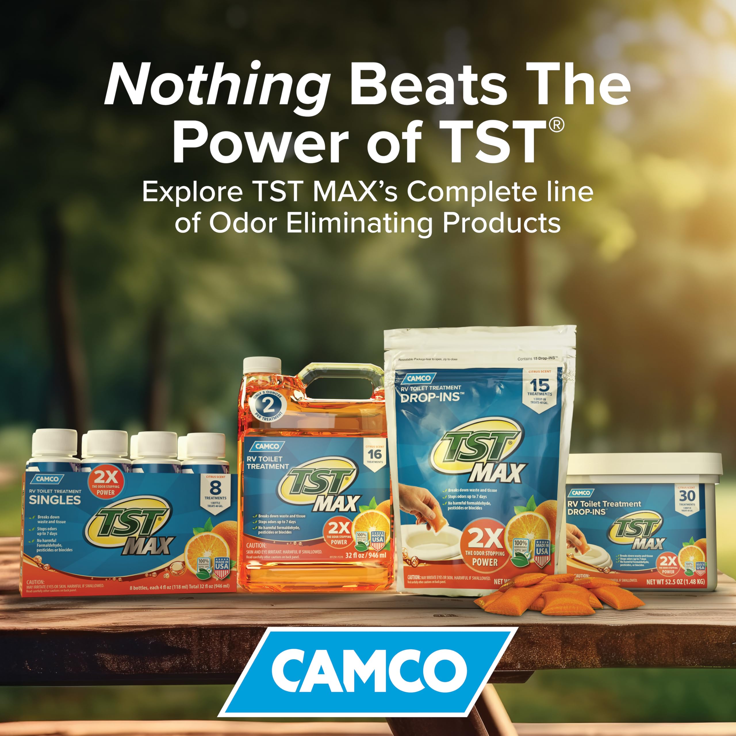 Camco TST MAX - Tratamiento de inodoro para caravana, sin formaldehído, descompone residuos y tejidos, seguro para tanque séptico, trata tanques de retención de hasta 8 a 40 galones, aroma naranja, (8