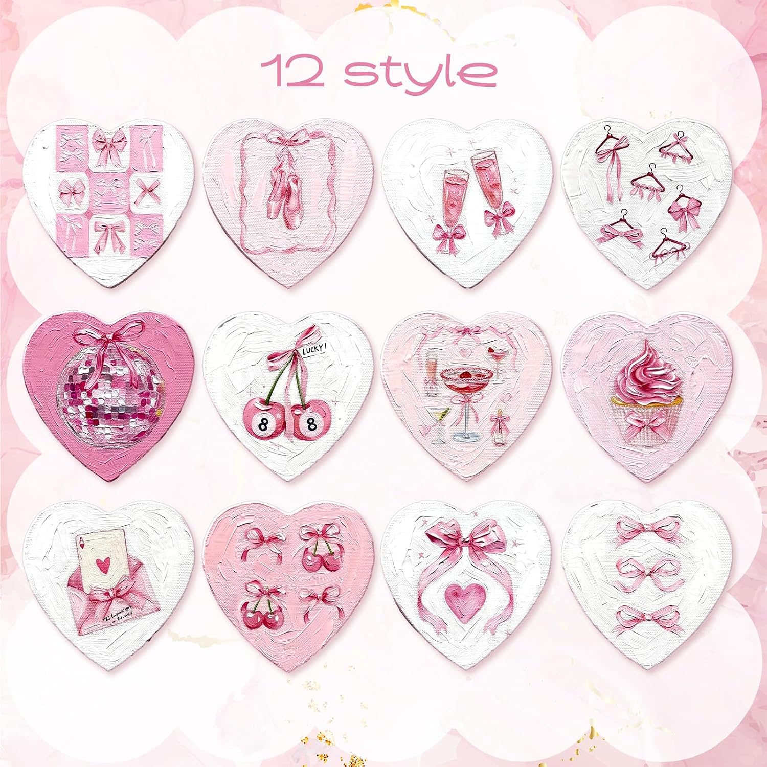 Motipuns 12 Set Pink Bow Pre Drawn Canvas to Paint for Adults, Heart Shaped image 3
