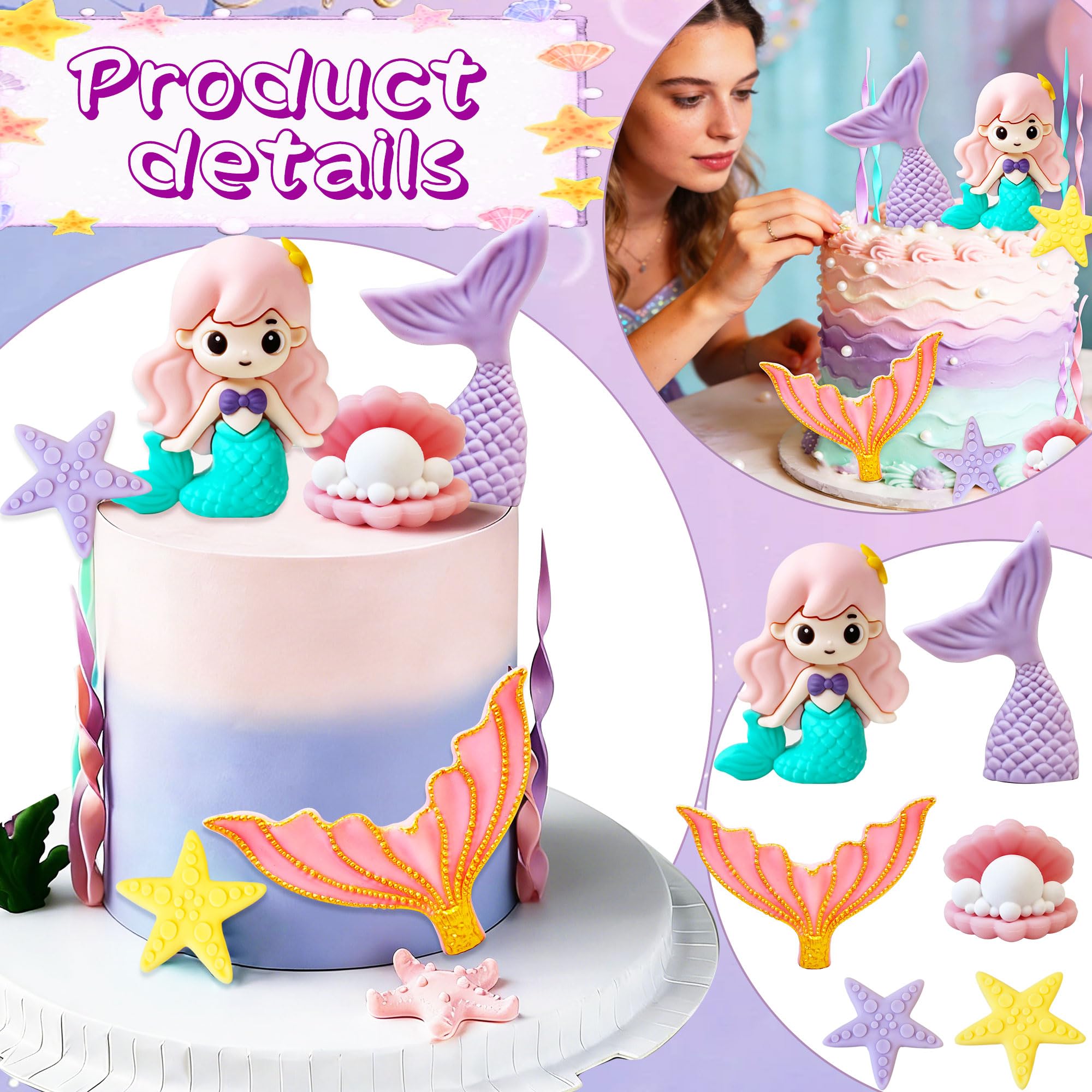 LaVenty Mermaid Tail Cake Topper Under the Sea Cake Decoration Seashell Cake Topper Mermaid Tail Cake Topper Mermaid Party Supplies - Image 3