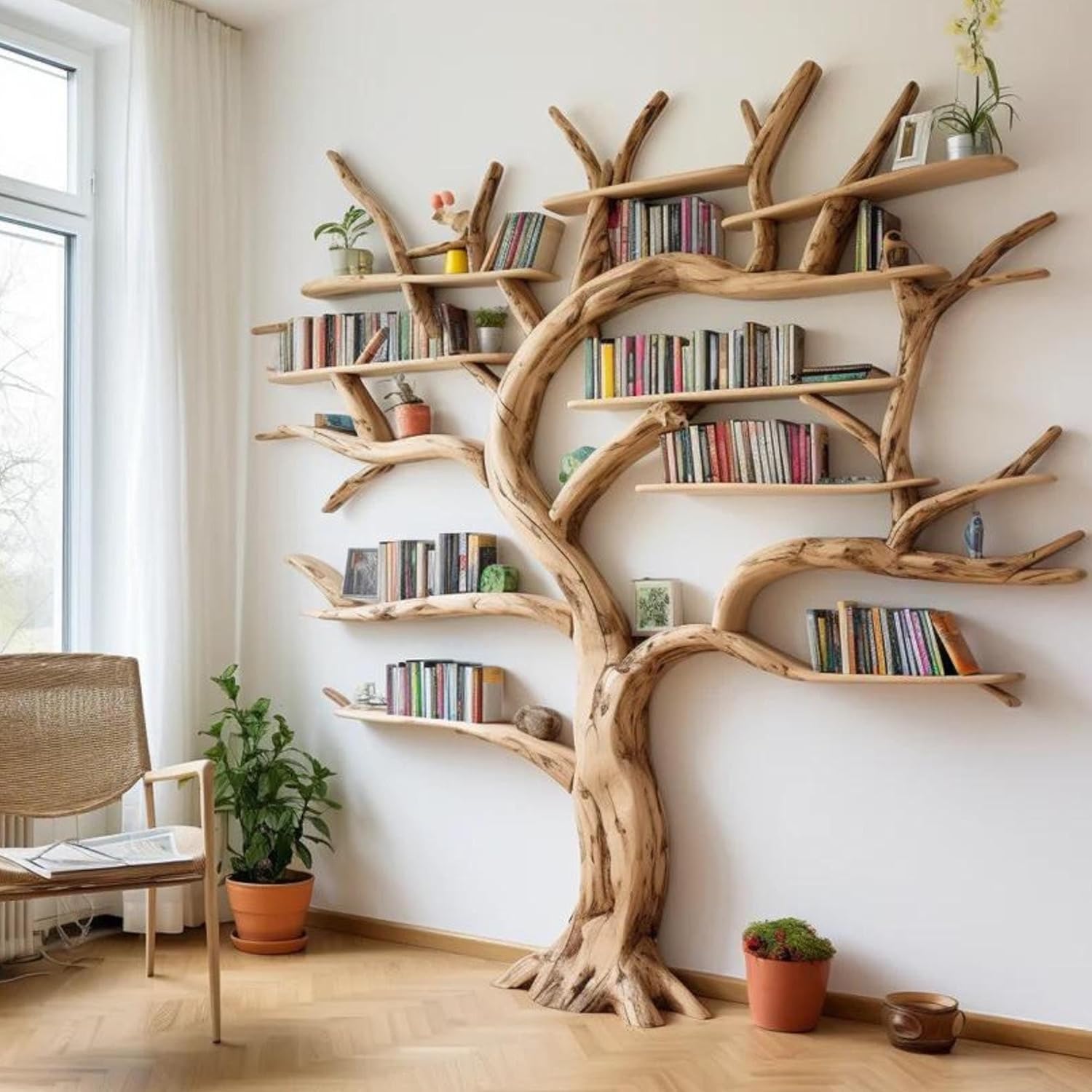Wooden Tree Branch Bookshelf for Home Office, Easy Assembly(BROWN)