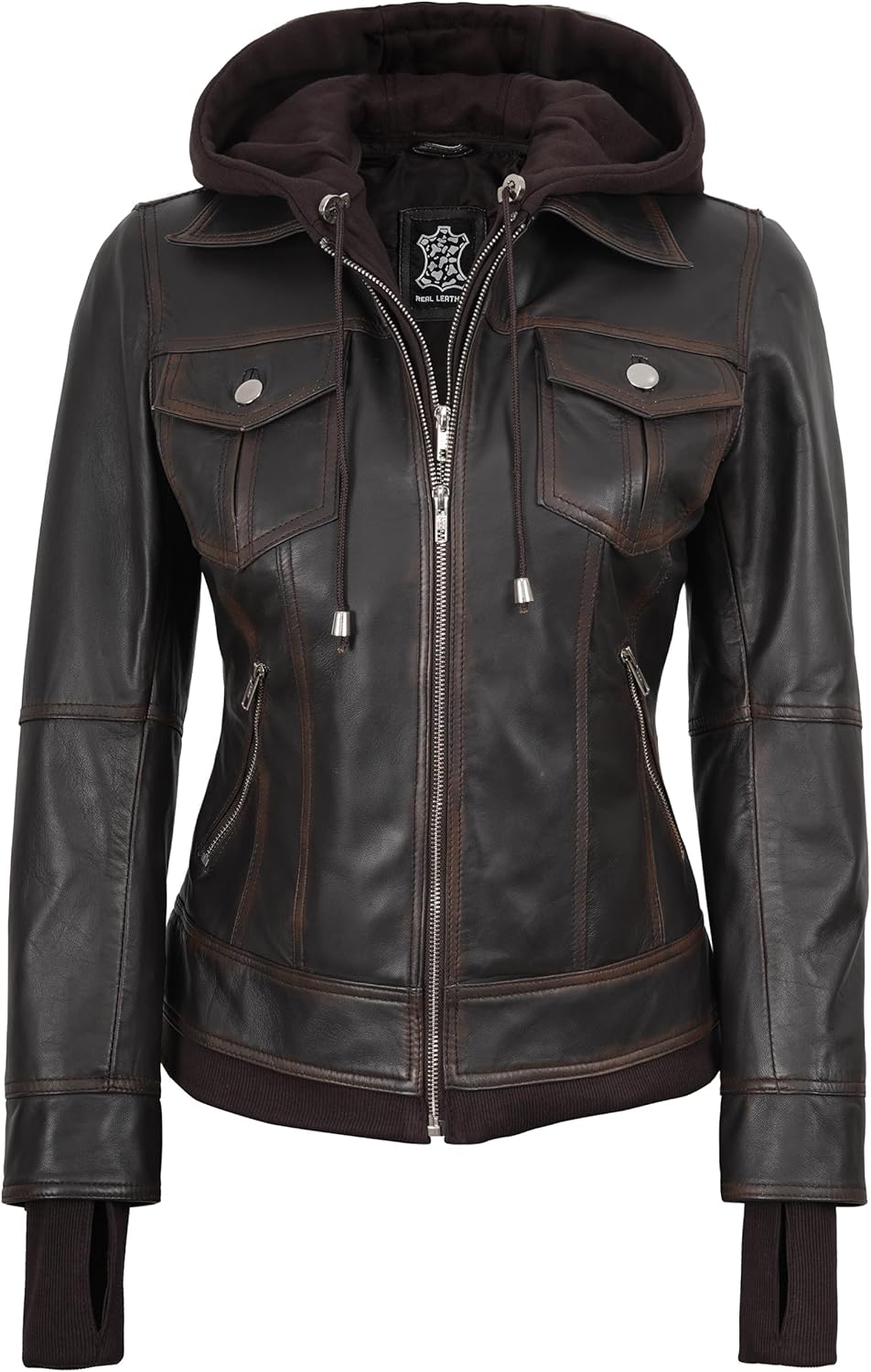 Decrum Hooded Leather Jacket Women - Real Lambskin Leather Bomber Jacket Women with Detachable Hood