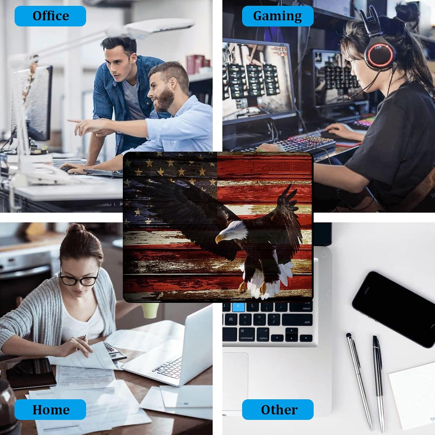 Gaming Mouse Pad,American Flag Art Bald Eagle Customized Designs Non-Slip Rubber Base Gaming Mouse Pads and Coaster Set,Suitable for Office Computers and notebooks. Ideal for Working Or Game image 4