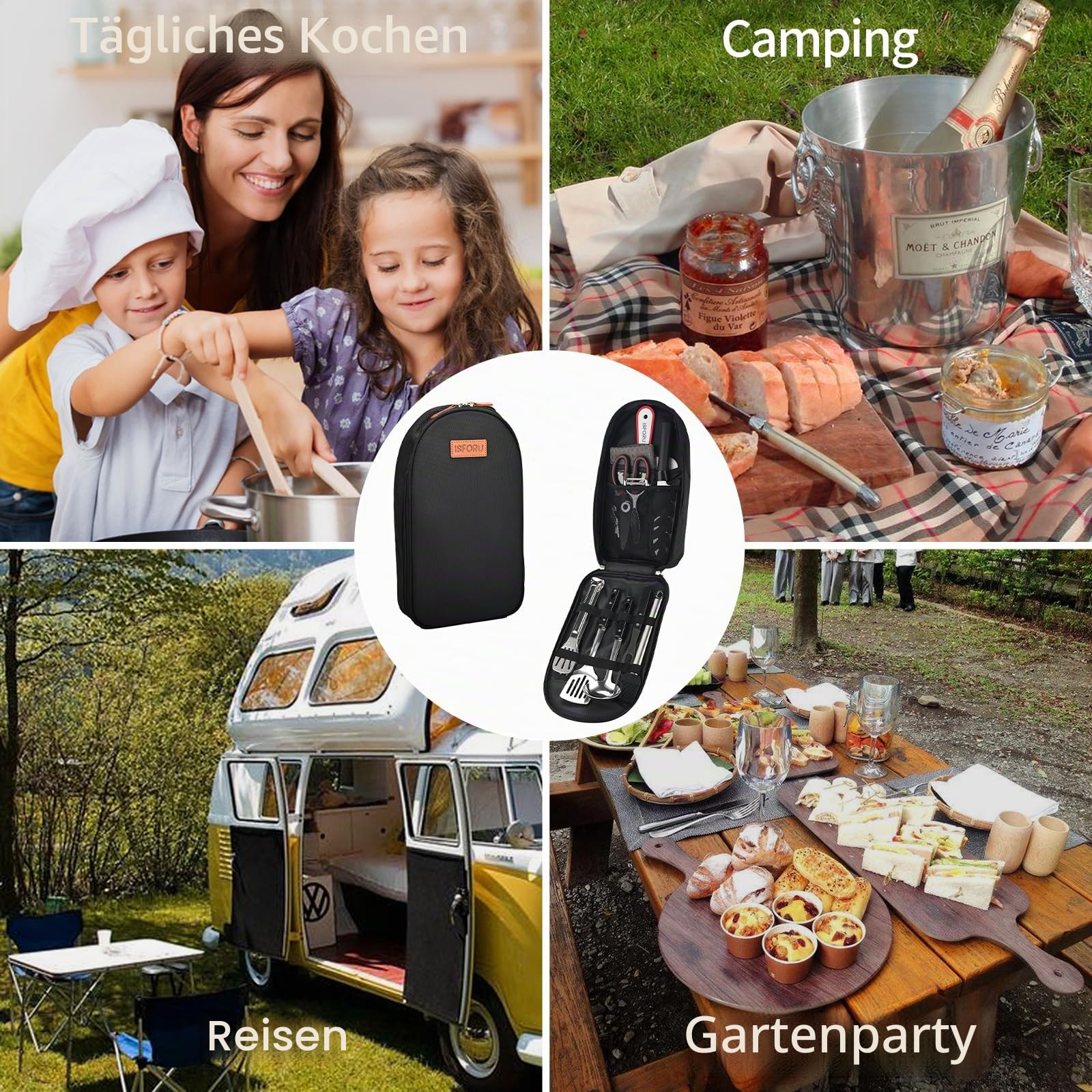 Camping Küchenhelfer Set, ISFORU 12PCS Camping Kochgeschirr Küchengerät Set mit Santokumesser Küchenscher Pfannenwender Zange Schöpflöffel Schneidbretter idea für Picknick Reisen Wandern