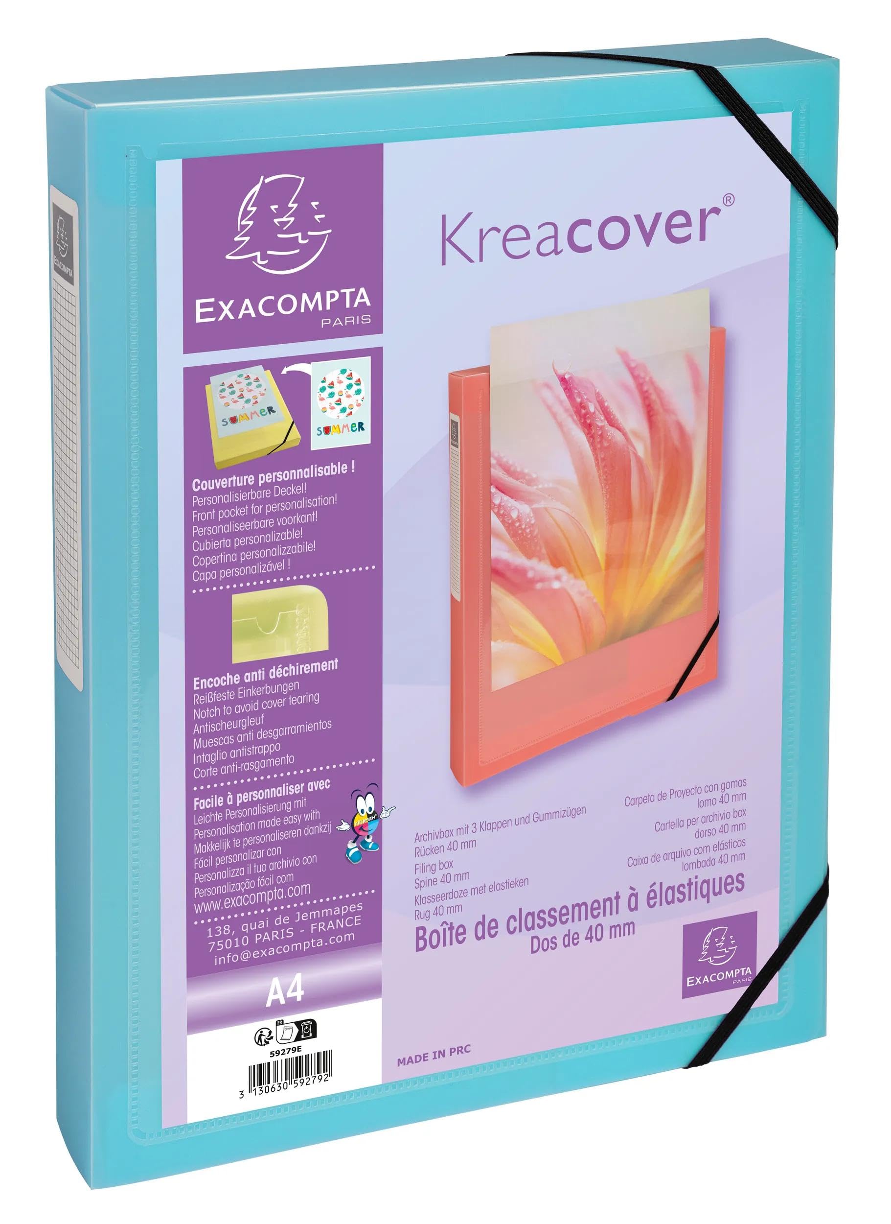 Exacompta - Réf. 59279E - 5 boites de classement avec élastiques Kreacover Pastel - en polypropylène - dos 4 cm - dimensions 25 x 33 cm - pour format A4 - livrées montées