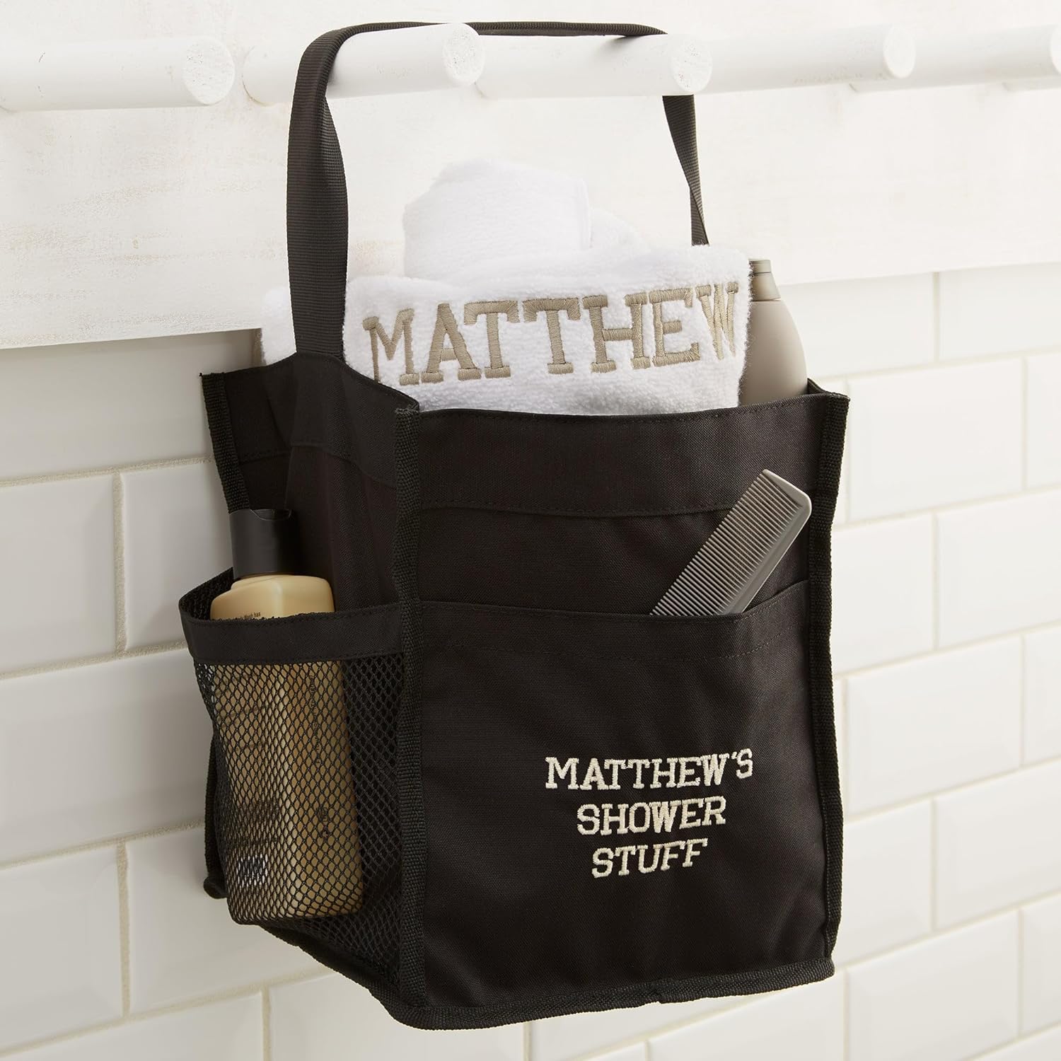 Personalization Universe Write Your Own Personalized Embroidered Shower Caddy with Handle and Pockets - College Dorm Room Essentials and Gifts for Men and Women - Multiple Thread Colors and Fonts