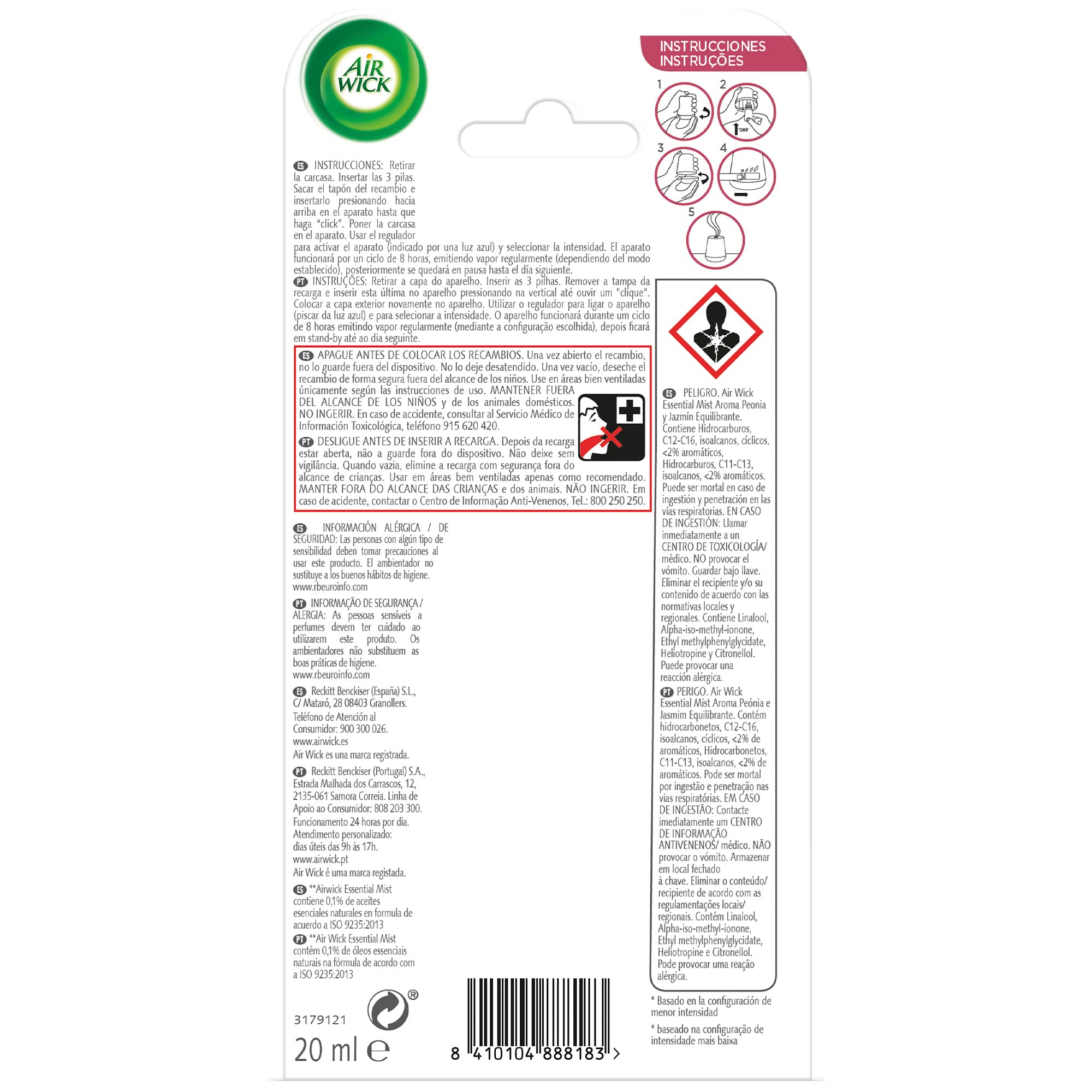 Air Wick Essential Mist - Recambio de Ambientador Difusor de Aceites Esenciales con Aroma a Peonia y Jazmín, Multicolor, 3 x 20ml