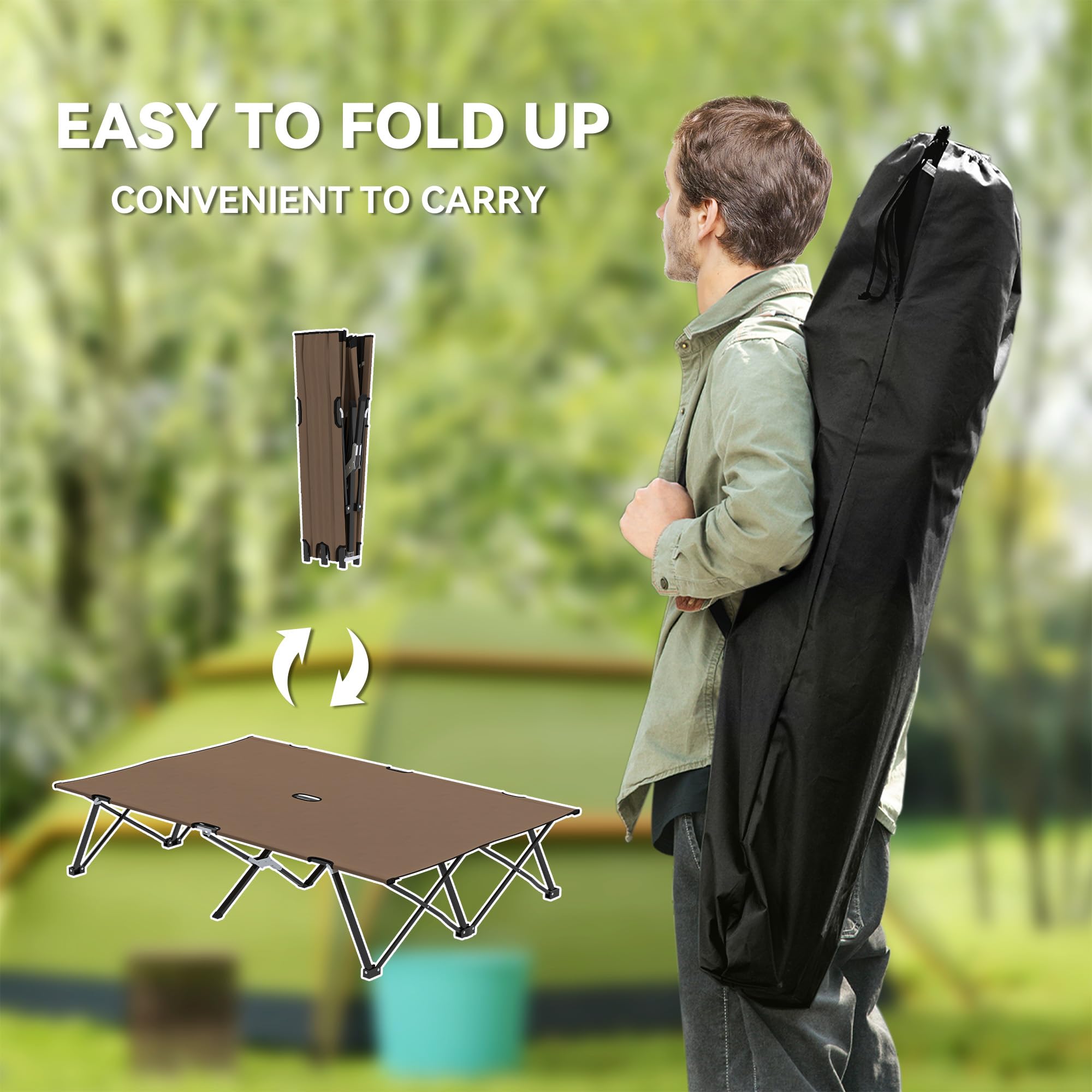 Lit de camping double Outsunny Lit de camp pliable Transat d'extérieur Lit de jardin ultra léger avec sac de transport (kaki)
