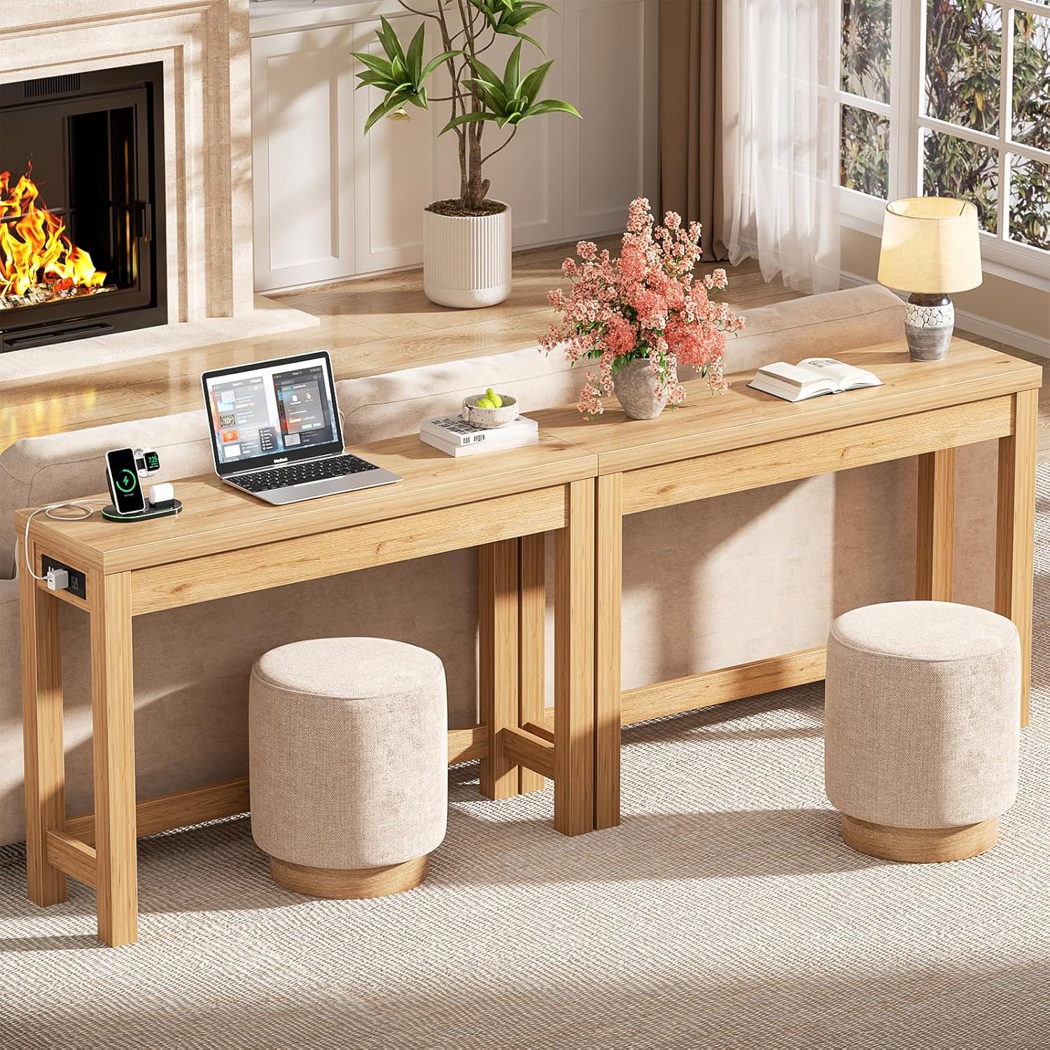 Cyclysio 47" Console Tables for Entryway, Narrow Console Tables for Living Room, Behind Couch Table, Sturdy Wood Support Hallway Table with 3AC+2USB Charging‌ Station, Natural Oak