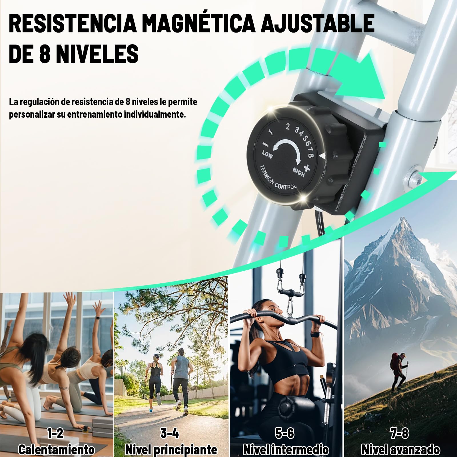 ISE Bicicleta estática plegable con respaldo acolchado, asiento ajustable,pedaleo silencioso, Bici Estatica Plegable con 8 niveles de resistencia,Exercise Bike con LCD pantalla, Bluetooth y APP