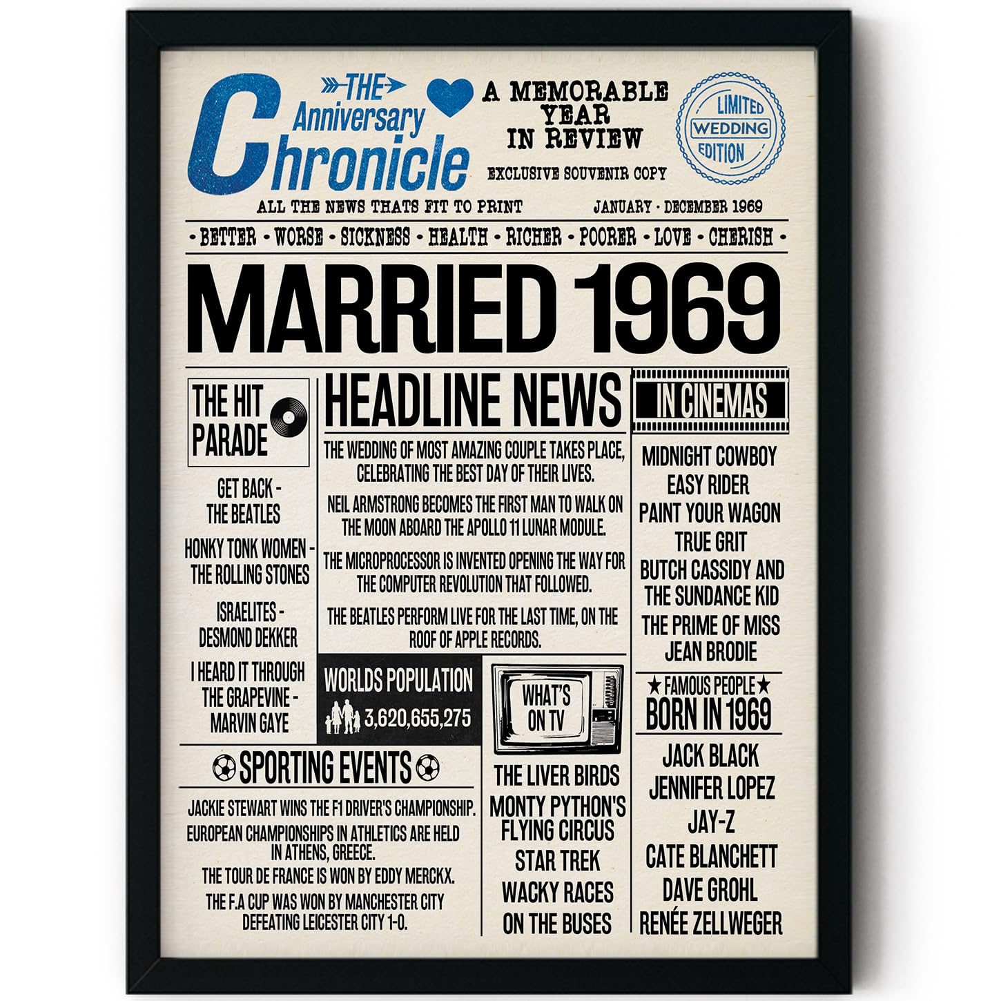 Stuff4 Men's 1969 57Th Anniversary Poster Framed - Married In Newspaper - Happy 57Th Wedding Anniversary For Wo Vintage Gifts Retro Back In 8X10 Inch Anniversaries Posters