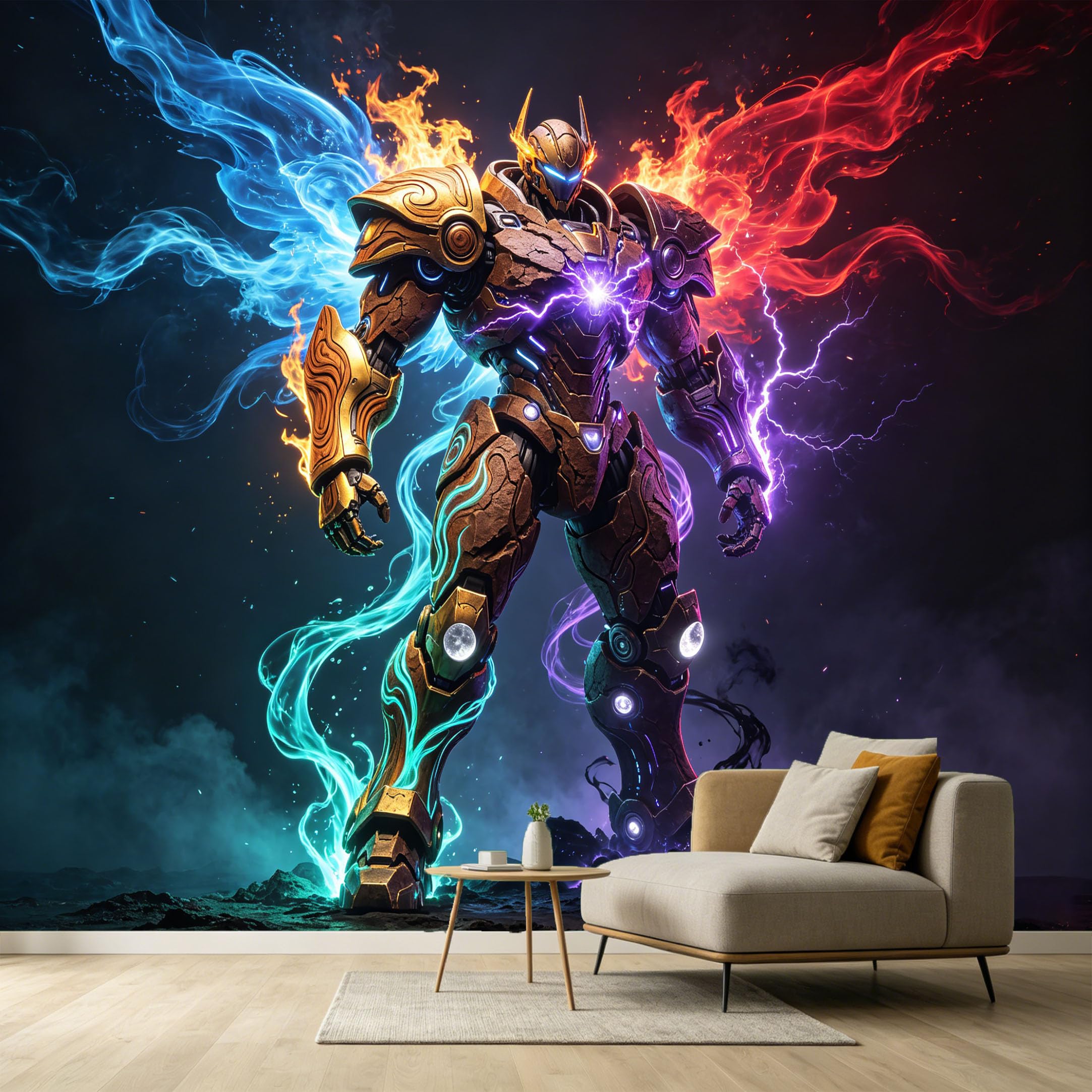 Custom Size Wall Murals Futuristic Mech Warrior Abstract Modern 3D Energy Fire Ice SelfAdhesive Wall Fabric Removable Large Wallpaper for Photo Living Room