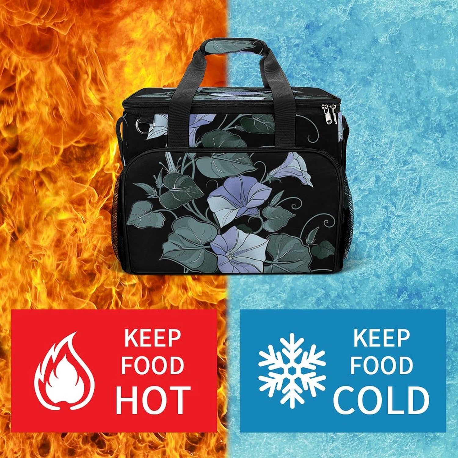 Portable Camping Cooler Pack,Green Gray Flower Print Reusable Lunch Pack,Outdoor Large Capacity Picnic Pack