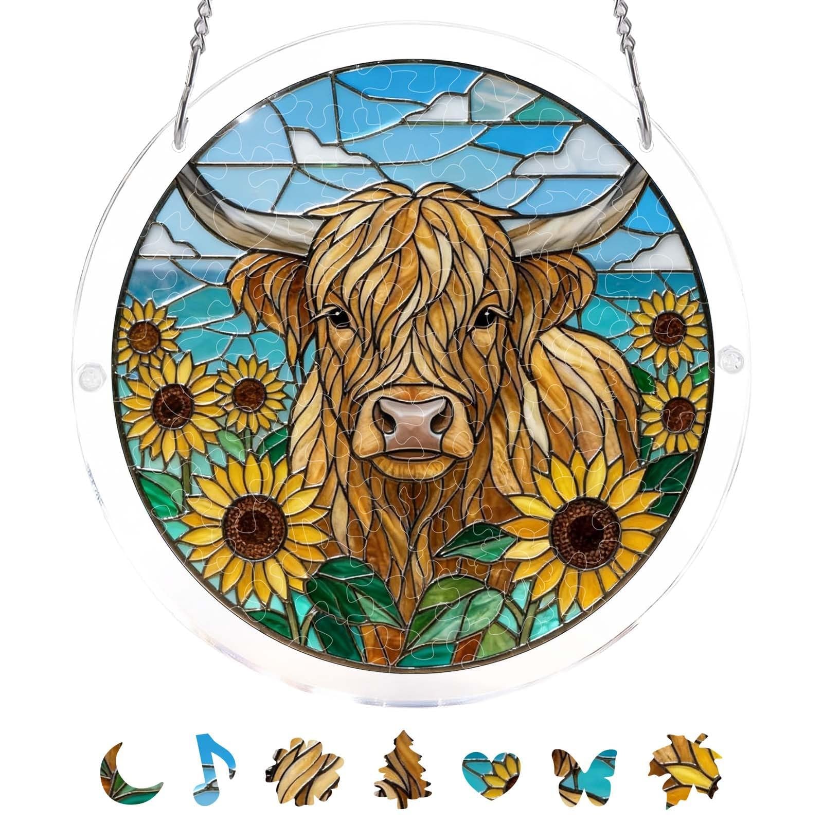 Acrylic Jigsaw Puzzle Suncatcher, 7in Highland Cow Sun Catchers for Windows