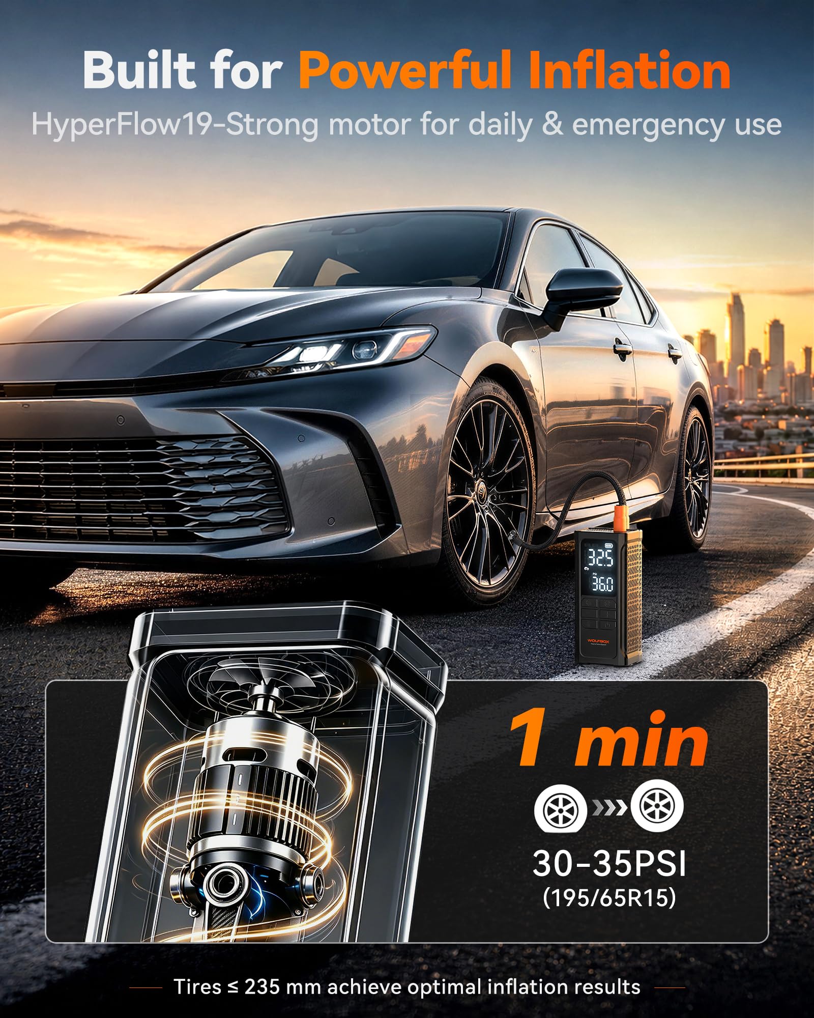 WOLFBOX HyperFlow19 Compressore Aria Portatile 150 PSI Auto Moto Bici