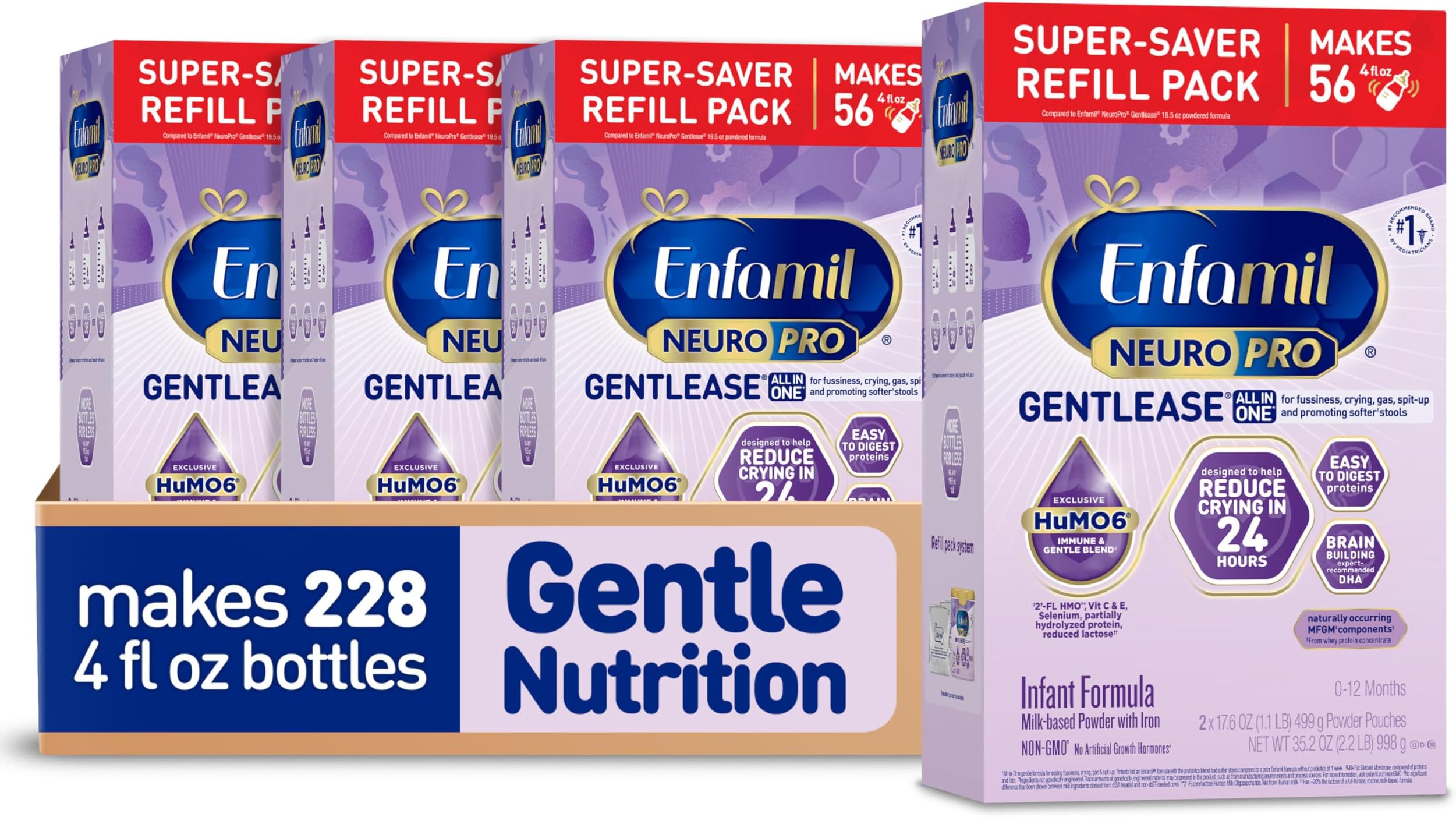 Enfamil NeuroPro Gentlease for Easing Fussiness, Crying, Gas, Spit-up in 24 Hrs, Smaller Proteins for Easy Digestion, Brain Supporting DHA, Prebiotic Blend, HuMO6*, Baby Formula, 35.2 Oz (Pack of 4)