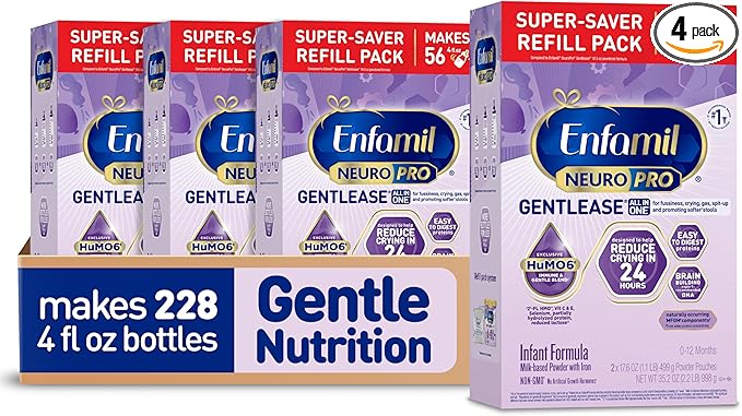 Enfamil NeuroPro Gentlease Baby Formula, Brain Building DHA, HuMO6 Immune Blend, Designed to Reduce Fussiness, Crying, Gas & Spit-up in 24 Hrs, has Prebiotics to Promote Softer Stools, Baby Milk, 35.2 Oz (Pack of 4)