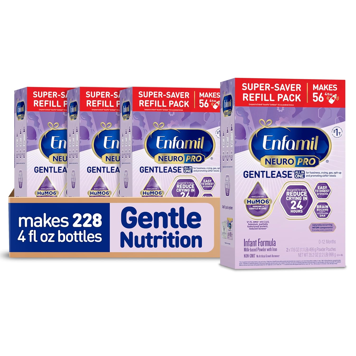 Enfamil NeuroPro Gentlease for Easing Fussiness, Crying, Gas, Spit-up in 24 Hrs, Smaller Proteins for Easy Digestion, Brain Supporting DHA, Prebiotic Blend, HuMO6*, Baby Formula, 35.2 Oz (Pack of 4)