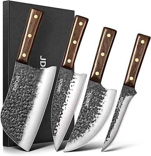 Juego de Cuchillos de Carnicero, 4 PIEZAS Cuchillo de Chef Serbio Forjado a Mano de Alta Resistencia, Cuchillo de Carne, Cuchillo de Deshuesado,