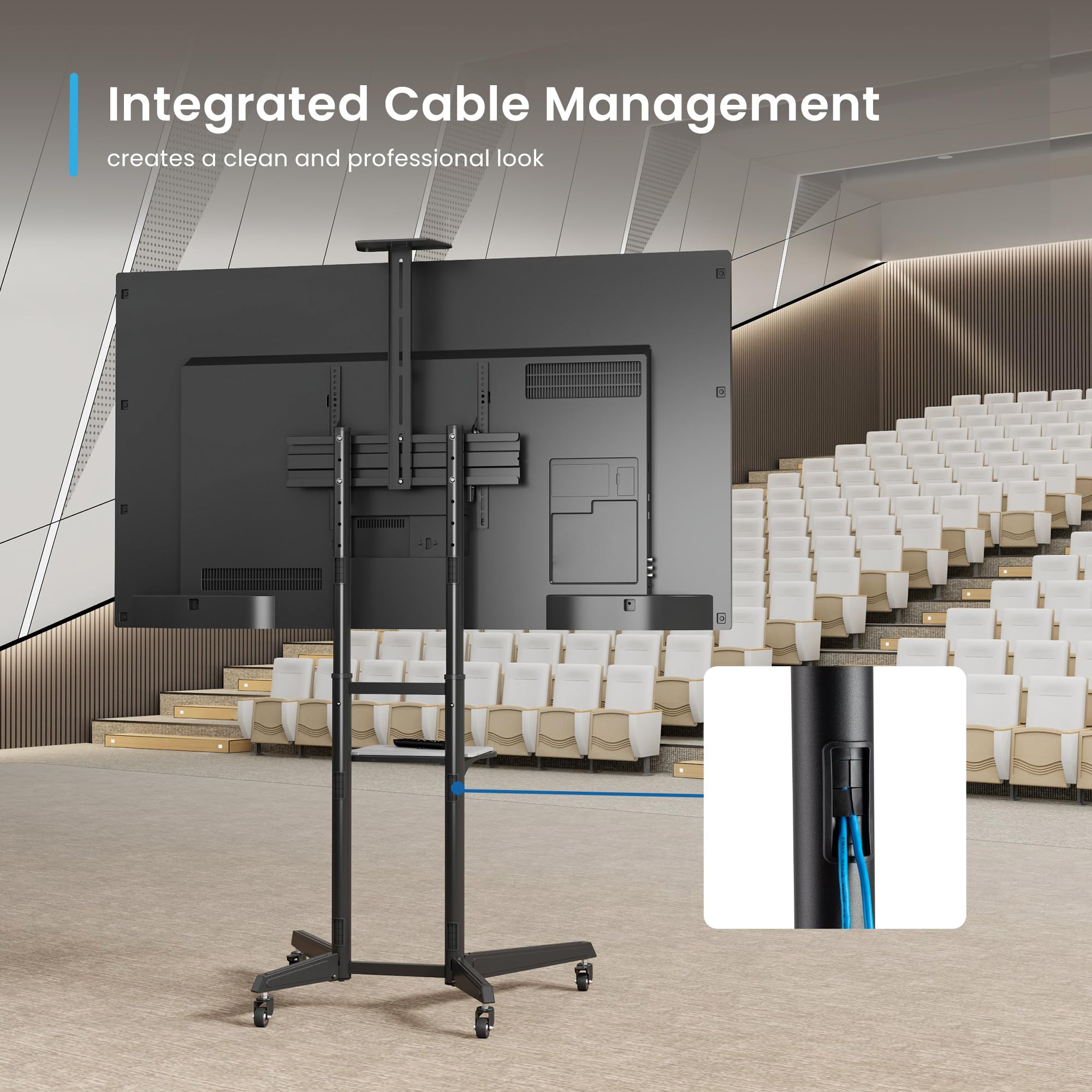 Soporte de TV de Pie con Ruedas Ewent, Carro para Televisores de 37-70" Máx.50kg, Soporte de TV Ajustable, Inclinable y Móvil,Máx. VESA 600x400mm, Gestión de Cables, con Estante y Base para Habitación