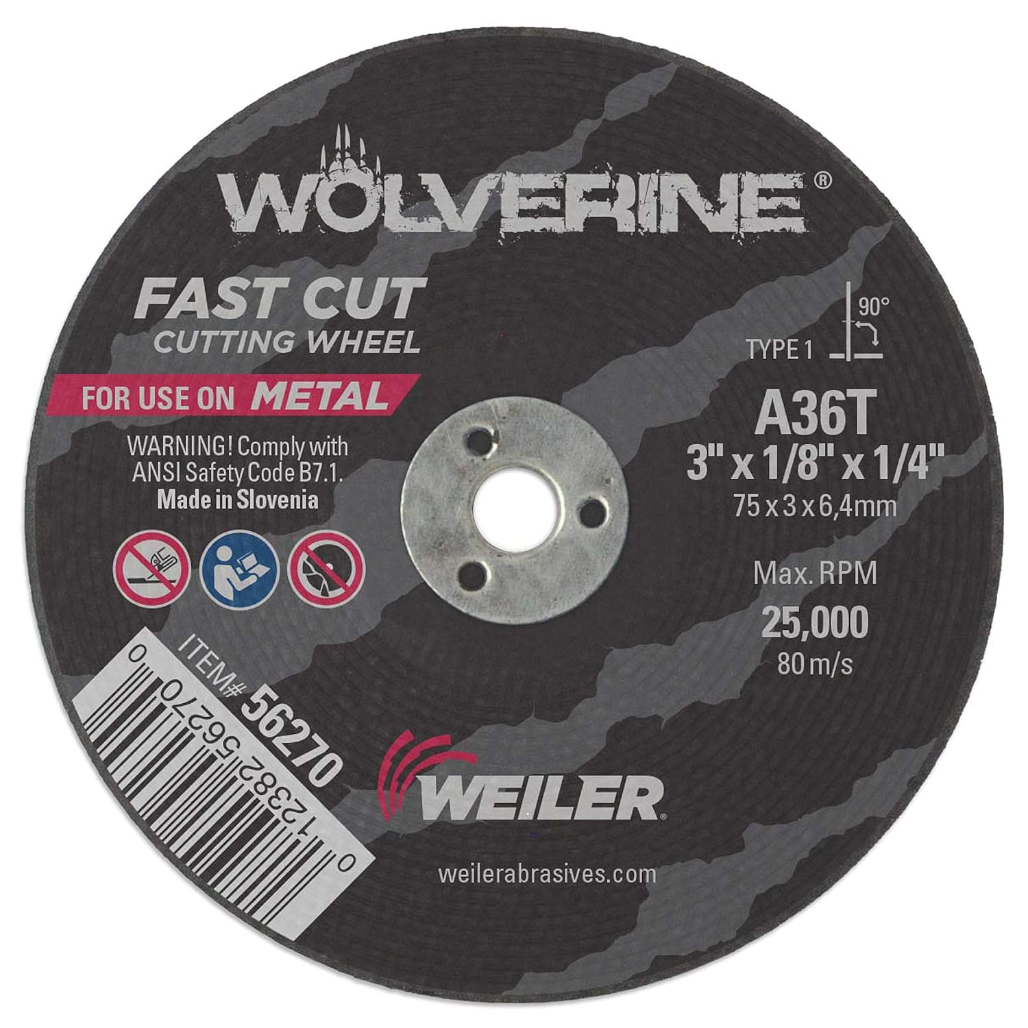 Weiler 56076 3-Inch Cutting Wheel, Wolverine AO Steel/Metal Fast Cut, Value Cutting, 1/8" A36T Type 1 3/8" Arbor (Pack of 100)