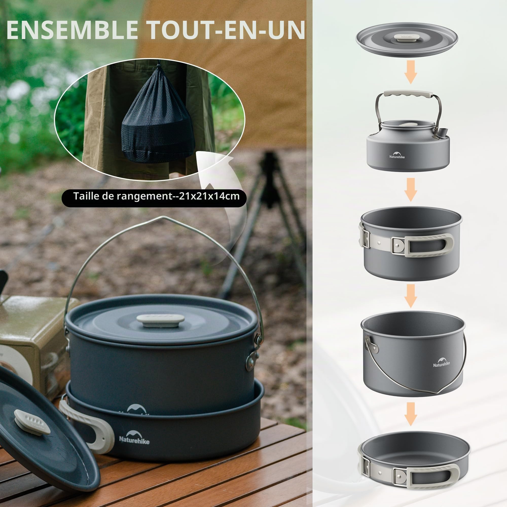 Naturehike 2-4 & 4-7 Personnes Kit de Batterie de Cuisine de Camping pour Équipement de Sac à Dos - Réchaud de Camping Portable et Réchaud de Sac à Dos Compatible - Accessoires de Camping