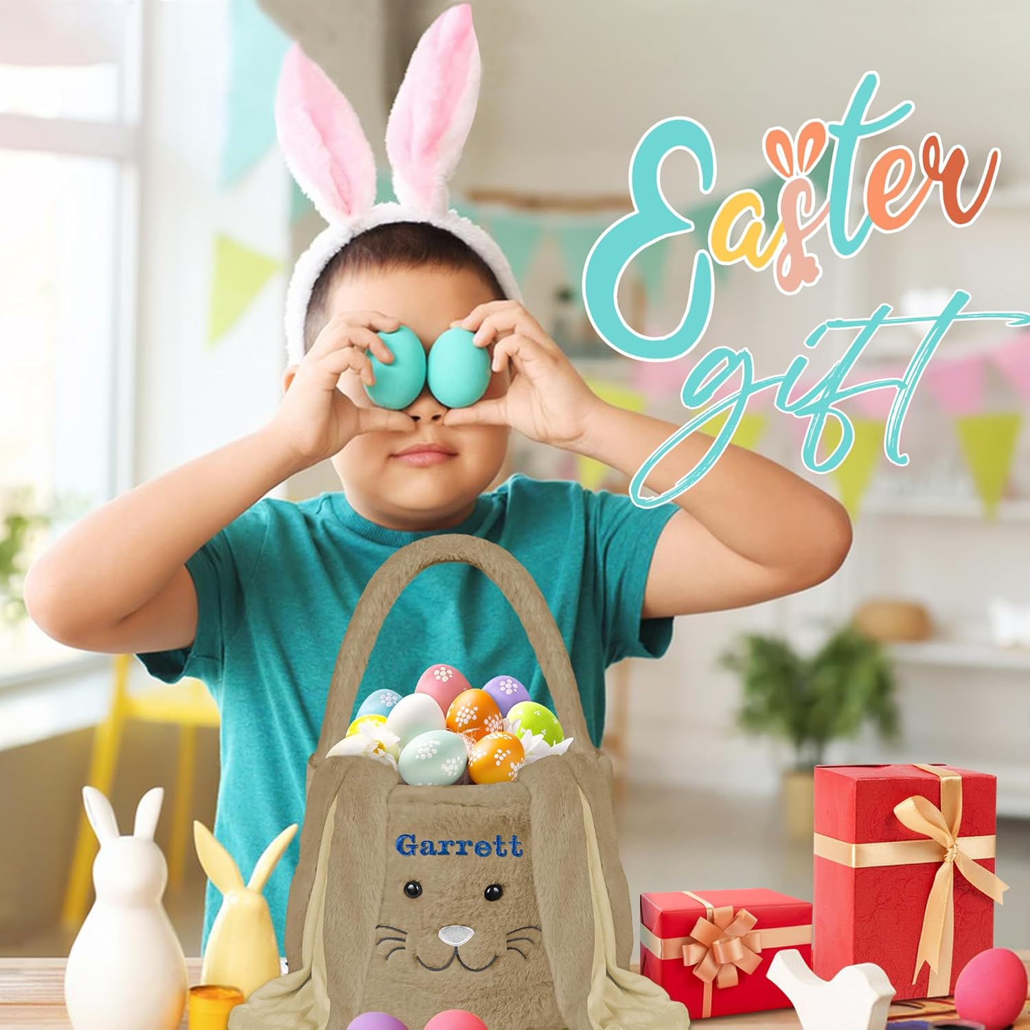 Easter Bunny Basket, Personalized Easter Basket Bunny, Easter Baskets for Girls Boys - Brown