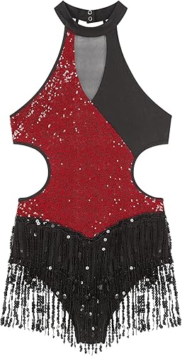 Miniatura 5 de iiniim Leotardo de baile de jazz latino con borlas y lentejuelas brillantes para mujer, traje de baile lírico cruzado en la espalda