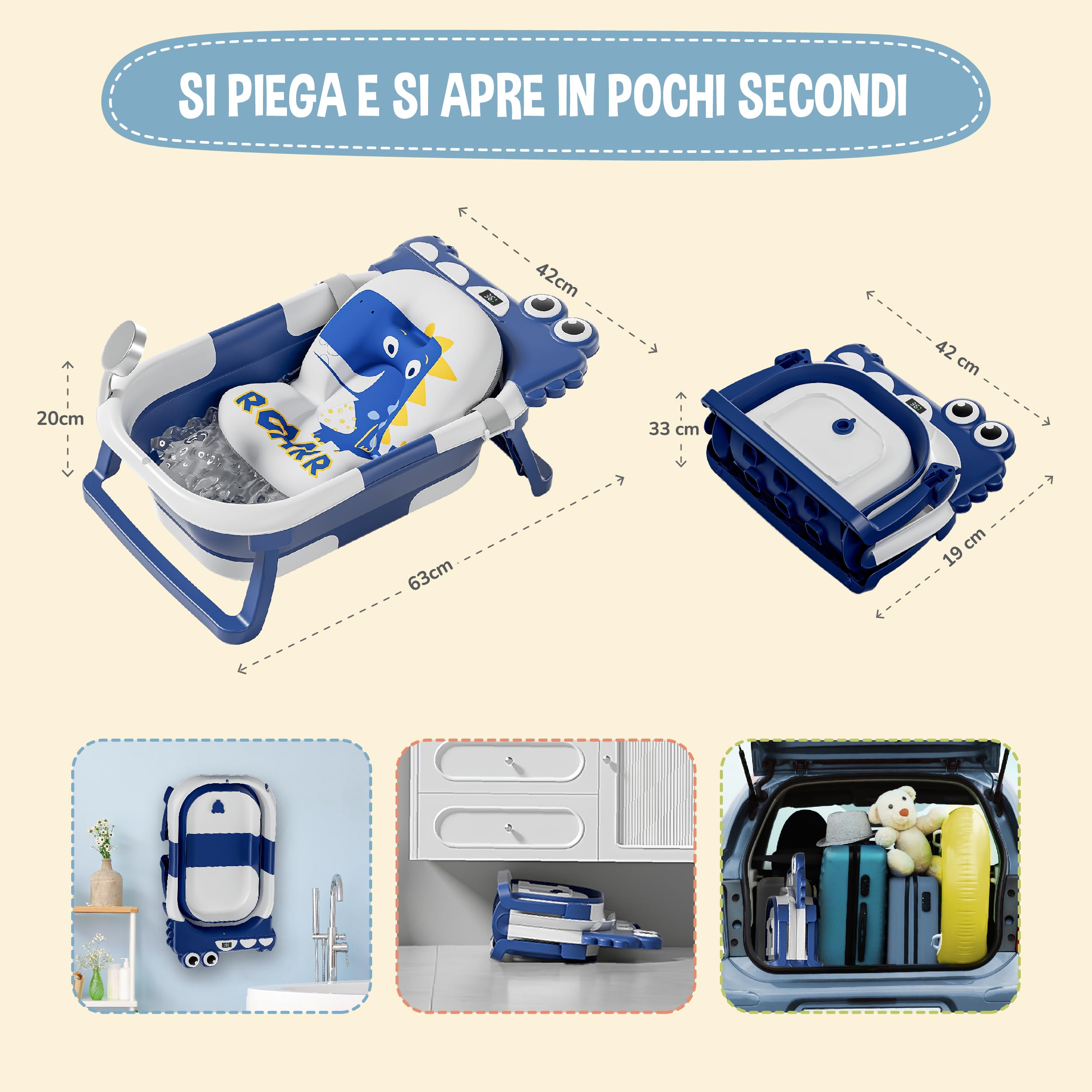 SUPERBE BEBE Vaschetta Pieghevole Con Cuscino Da Bagno E Termometro Incorporato-Vaschetta Per Bambini Con Supporto Da Bagno Gratuito-Regalo Di Nascita Ideale Per Bambine O Bambini-Dalla Nascita