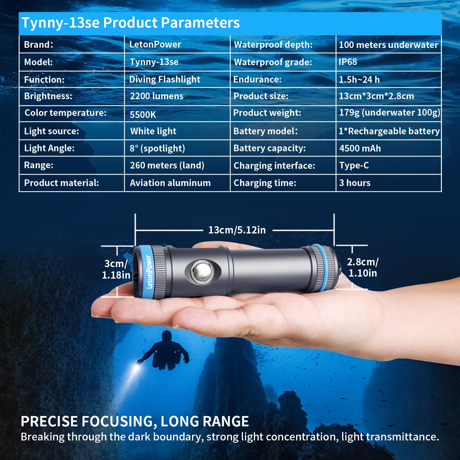 Torcia Subacquea 2200 Lumen, 8° Spot, IP68 100m, Ricarica USB-C, Grigio