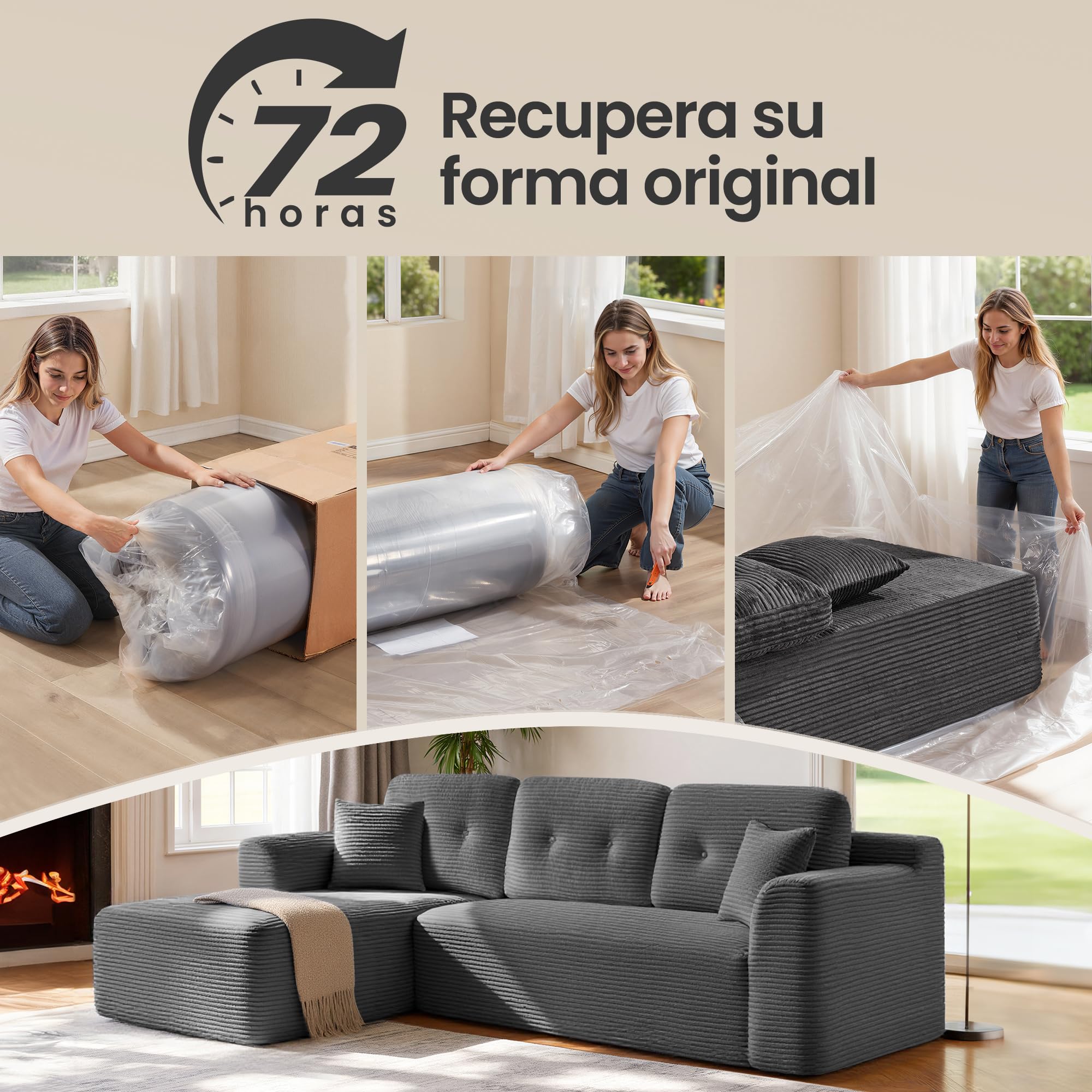 VASAGLE Sofá Esquinero, Sofá Modular de 244 cm, Entrega Compacta, Sin Montaje, con Gran Chaise Longue a la Izquierda, para Salón o Habitación de Invitados, Gris Pizarra LCS183GN01