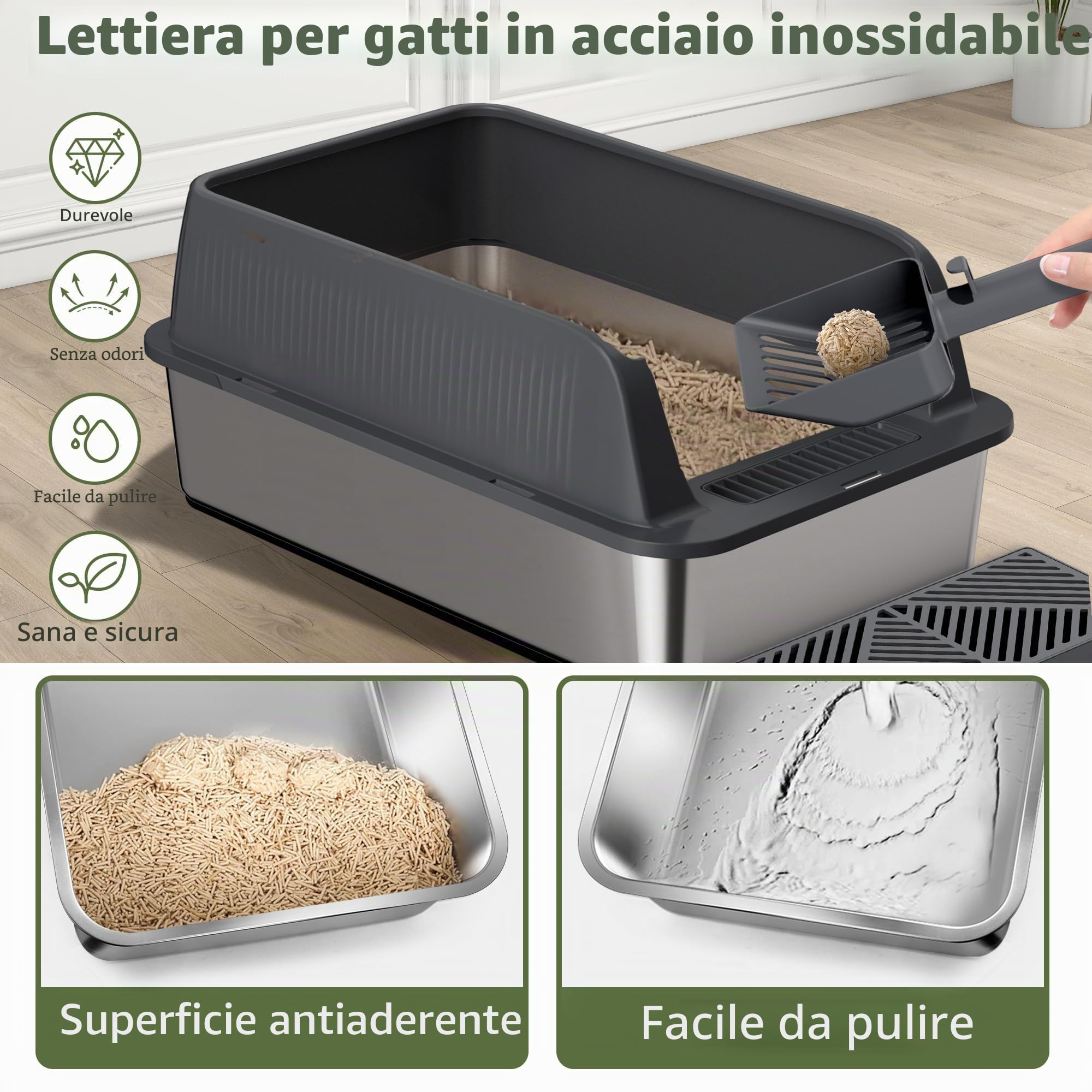 Gimars XL lettiera in acciaio per gatti, ampia vaschetta in acciaio inox da 20L con paletta e pedale, lettiera in metallo ideale per gatti di taglia media e grande