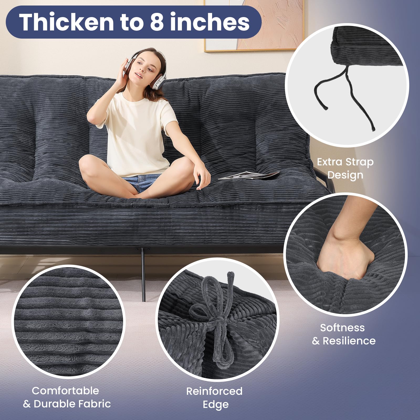 JUIKURY 8" Futon Mattress Full Size, Thick Futons Sofa Couch Bed Sleeper Sofa Bed, Floor Mattress for Adults, Roll Up Folding Mattres Shredded Foam Filling, Medium Firm(Frame Not Included)