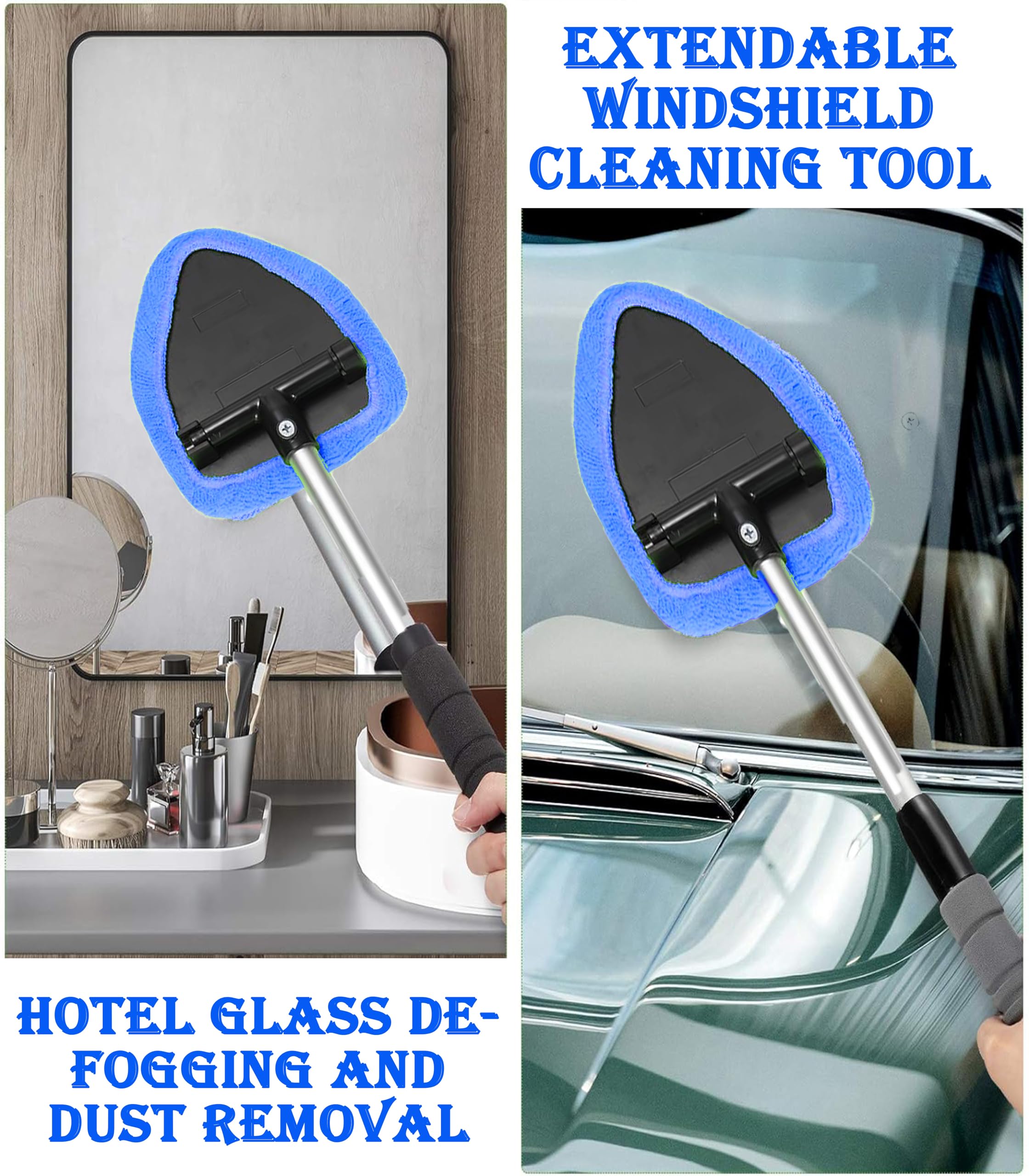 Herramienta de limpieza de parabrisas de coche, herramienta de limpieza de parabrisas de coche con almohadillas de microfibra reutilizables, kit de limpiaparabrisas de vidrio con mango extensible,
