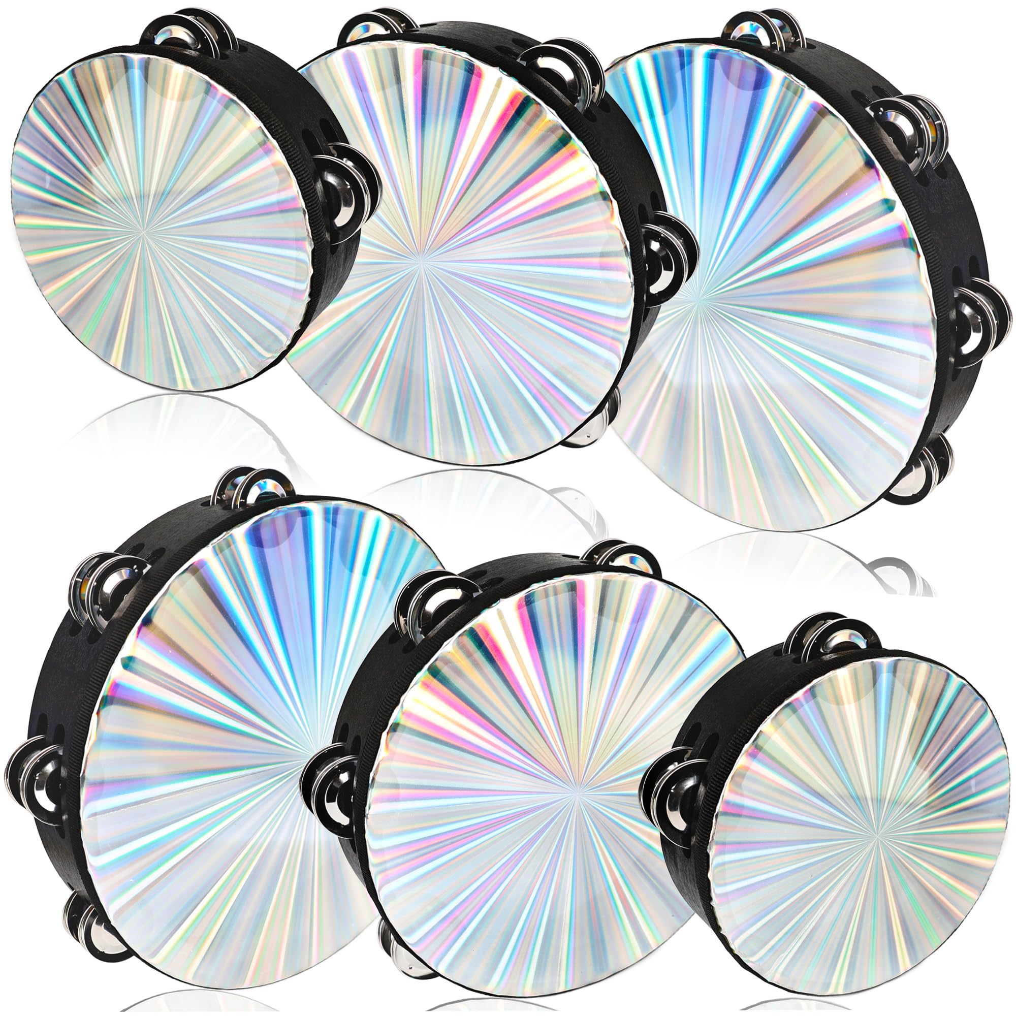 6 Pack Tambourine 6 8 10 Inch Reflective Tambourine with Double Row Jingle Bell Hand Held Drum Percussion Musical Instrumen for Adult Church Wedding Dance Party KTV