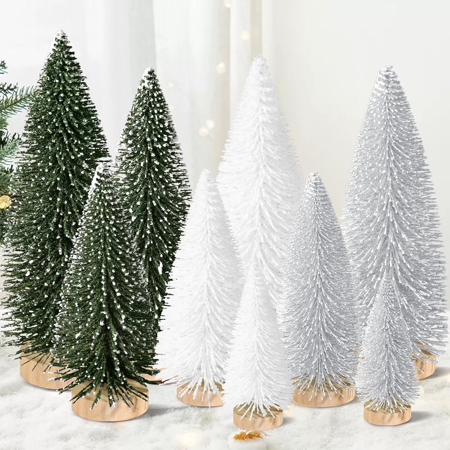9pcs Mini Christmas Tree Desktop, Artificial Christmas Pine Tree, Mini Bottle Brush Trees Tabletop, Small Sisal Trees with Wooden Bases, Xmas Holiday Decor (Green-Silver-White) 9pcs Mini Christmas Tree Desktop, Artificial Christmas Pine Tree, Mini Bottle Brush Trees Tabletop, Small Sisal Trees with Wooden Bases, Xmas Holiday Decor (Green-Silver-White)