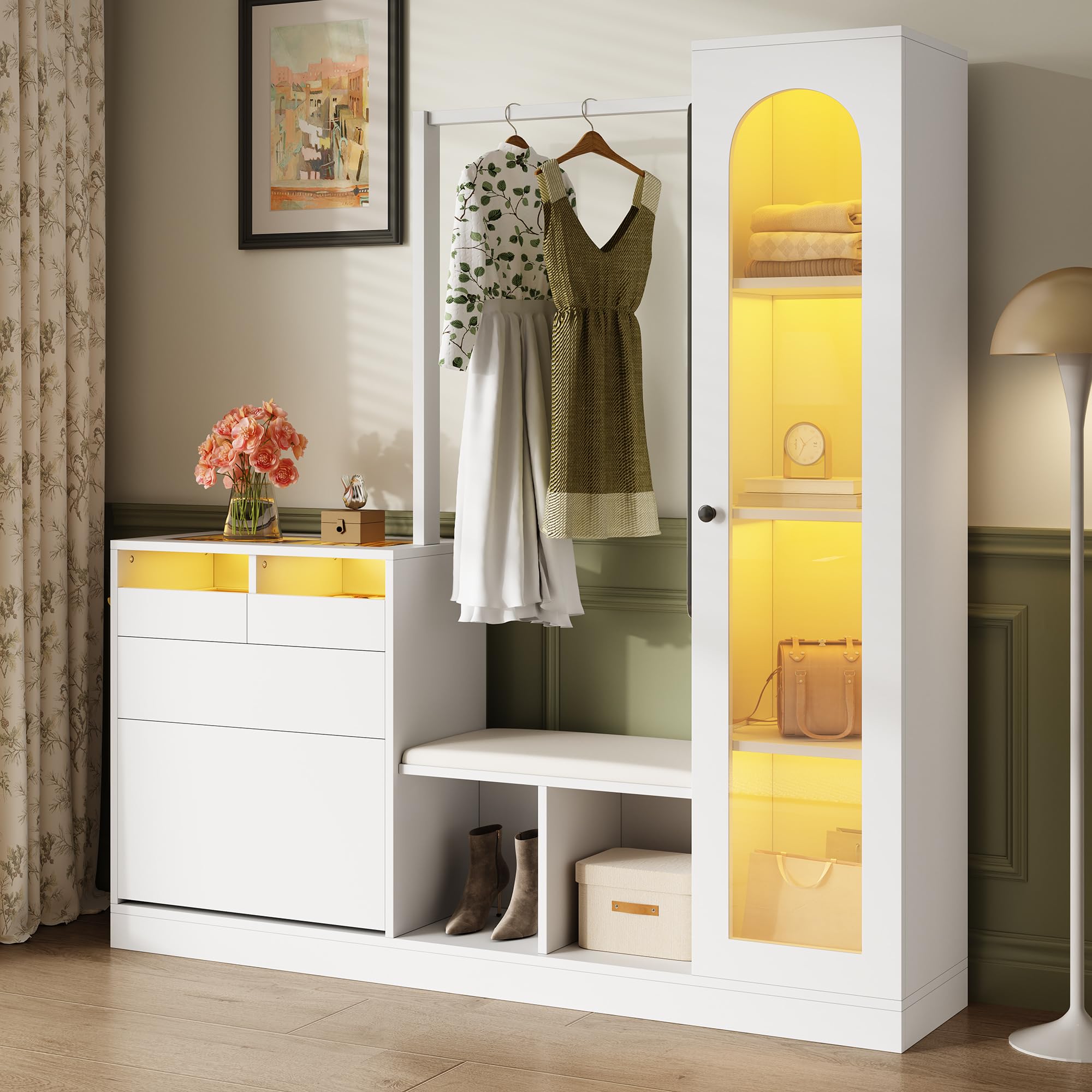 LAKFEW 6 en 1 Juego de Perchero, Perchero Entrada Recibidor con Espejo y Luz LED, Mueble Recibidor con 3 Cajones y 2 Puertas, Conjunto de Mueble Entrada Recibidor Percheros, 163x35x161 cm, Blanco