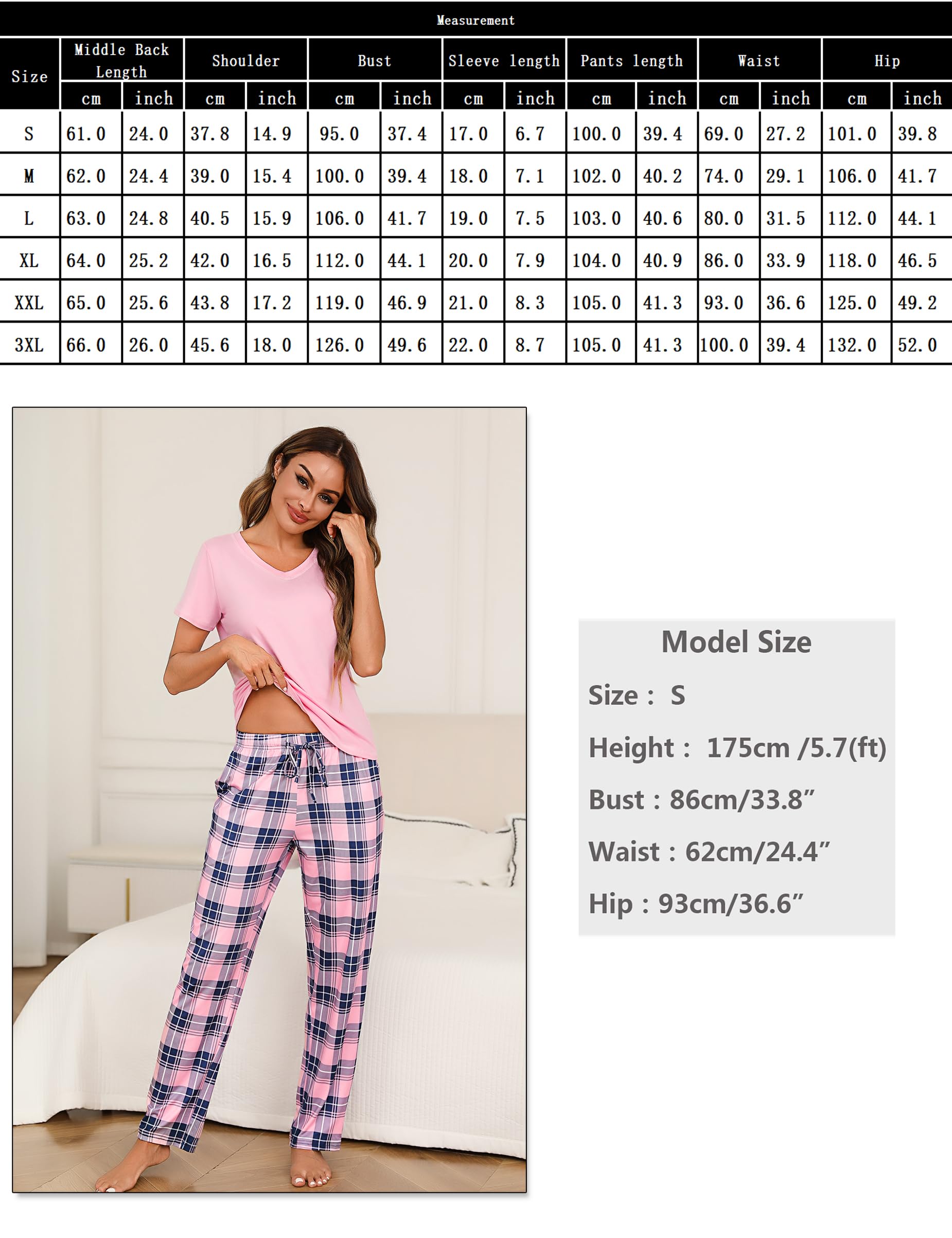 Bresdk Pigiama Donna Cotone Manica Corta Pigiami Due Pezzi da Donna Leggero Maglietta Manica Corta e Pantaloni Lunghi a Quadri Comodo e Morbido S-3XL