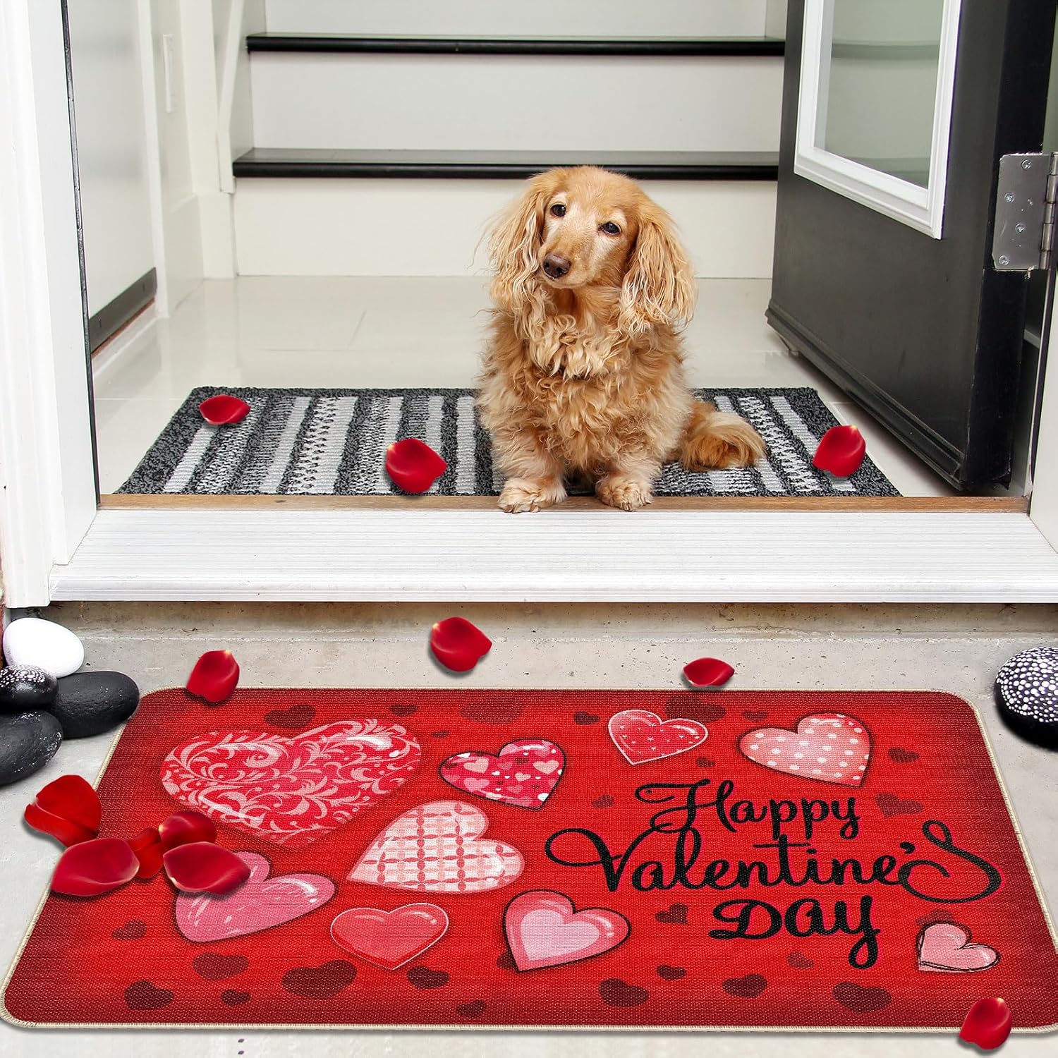 Capoda Valentine's Day Doormat 17 x 29 Inch Door Mat Linen Rubber Non Slip Valentine's Day Floor Mat Welcome Door Rug for Indoor Outdoor Entrance Decor(Flax Heart)