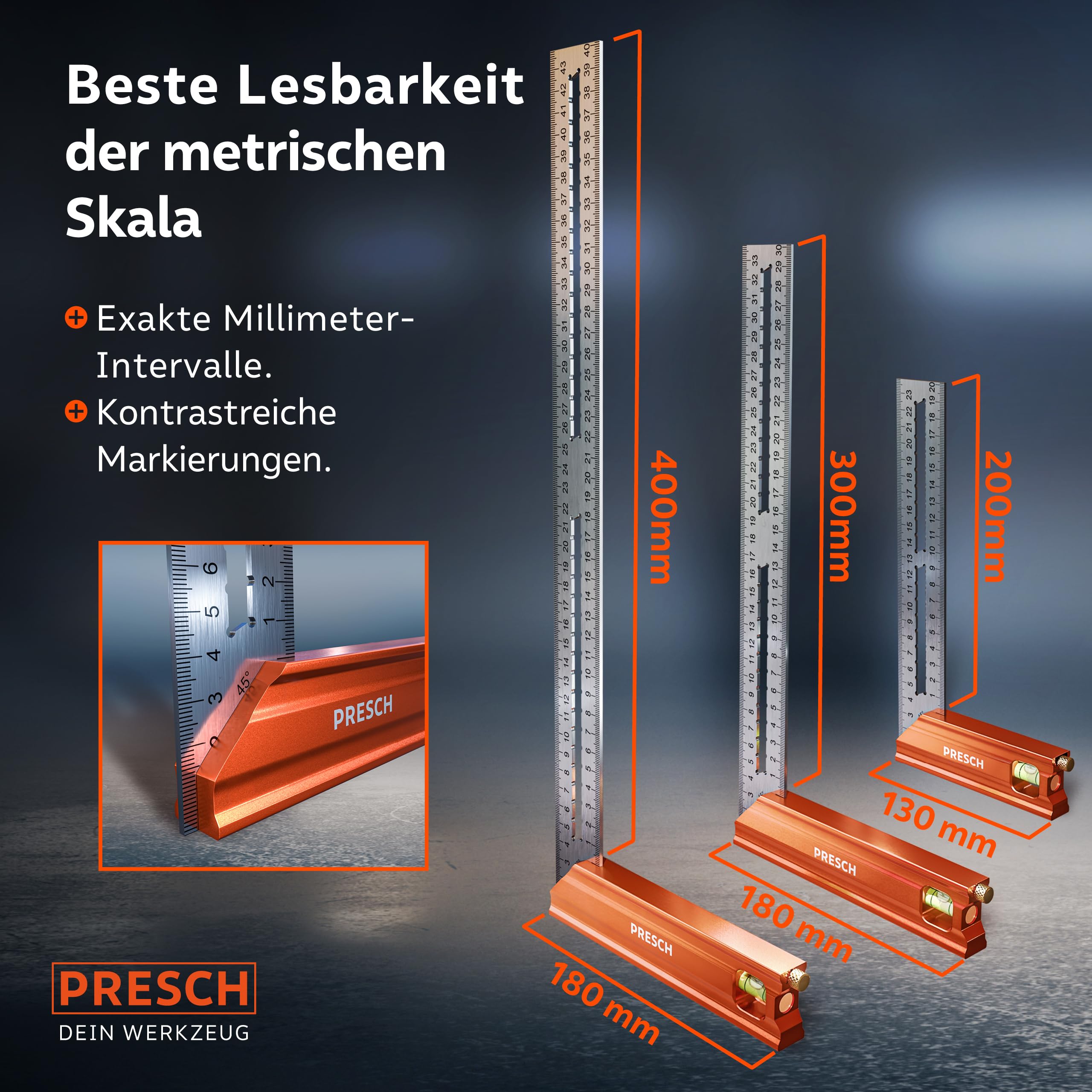Presch Anschlagwinkel Set - 200mm, 300mm & 400mm - Hochpräzise & Rostfrei - Innovatives Streichmaß - Exakter 90° und 45° Anschlag inkl. Wasserwaage & Anreißnadel für ultimative Vielseitigkeit