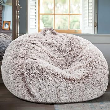 Fluffy Stuffed Animal Storage Bean Bag Chair Cover No Filler, Faux Fur Comfy Bean Bag Cover for Organizing Plush Toys or Textile, for Adults Teens Kids Girls, Heather Camel