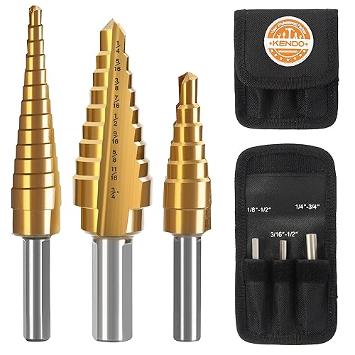 Miniatura 8 de KENDO 5 brocas escalonadas con punzón central automático, negro y dorado, juego de brocas de acero de alta velocidad, 50 tamaños, brocas de titanio