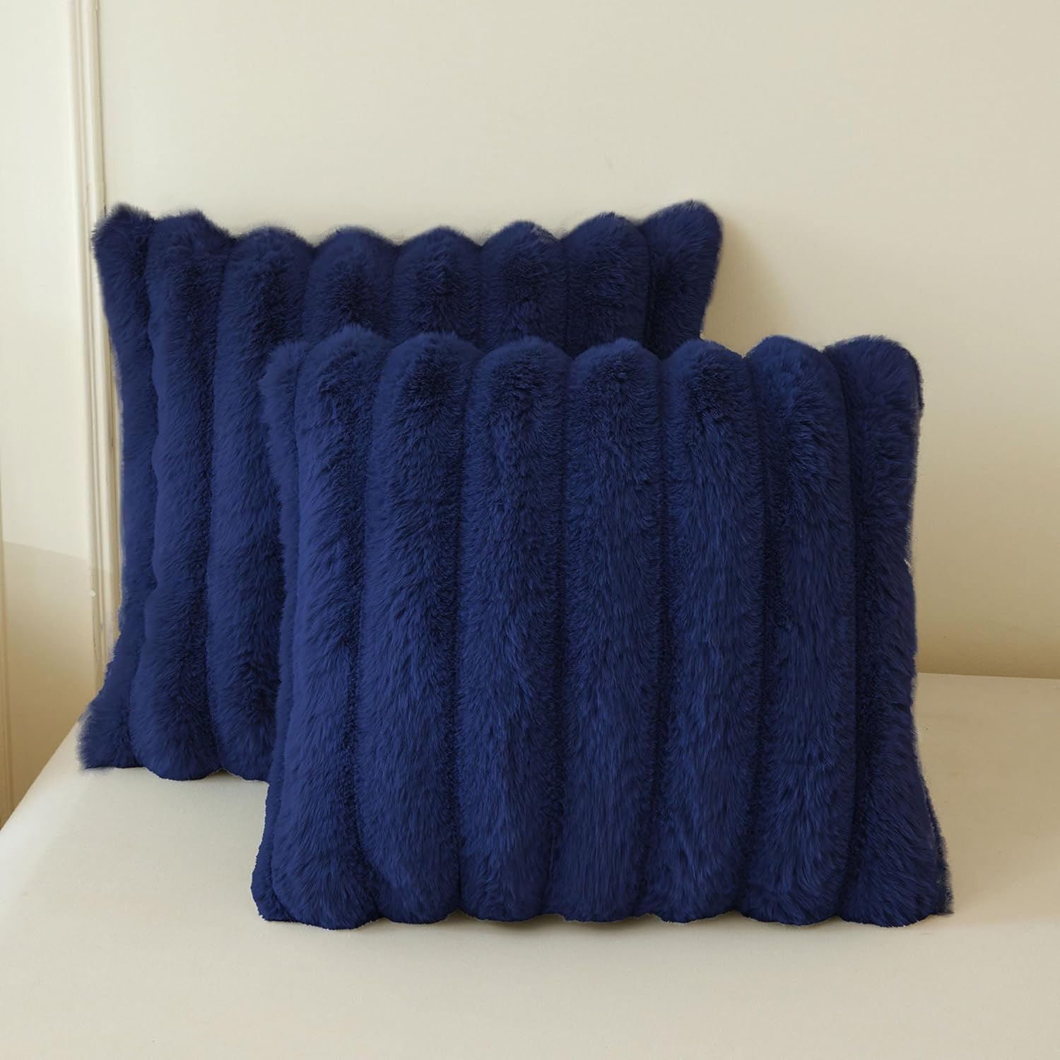MEGO 2 Pack Fluffy Faux Rabbit Fur Throw Pillow Covers, Comfy Wide Stripe Plush Fuzzy Home Decor Square Cushion Covers with Zipper, Shaggy Furry Pillow Shams for Bed Couch Sofa Chair, 18x18, Navy Blue