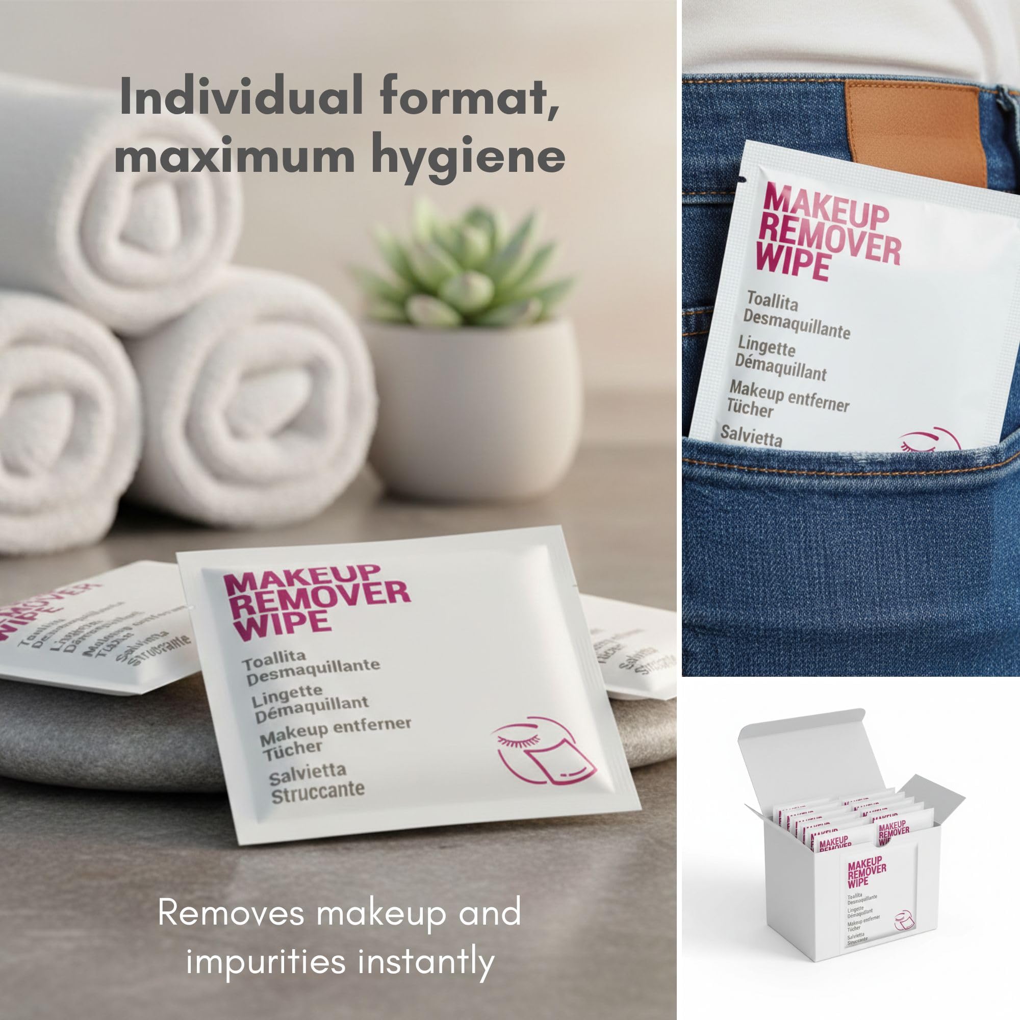 50 Sobres Toallita Desmaquillante – Makeup Remover Wipe monodosis, limpieza facial, formato viaje, amenities baño, kit bienvenida, pack hotel, reposición rápida